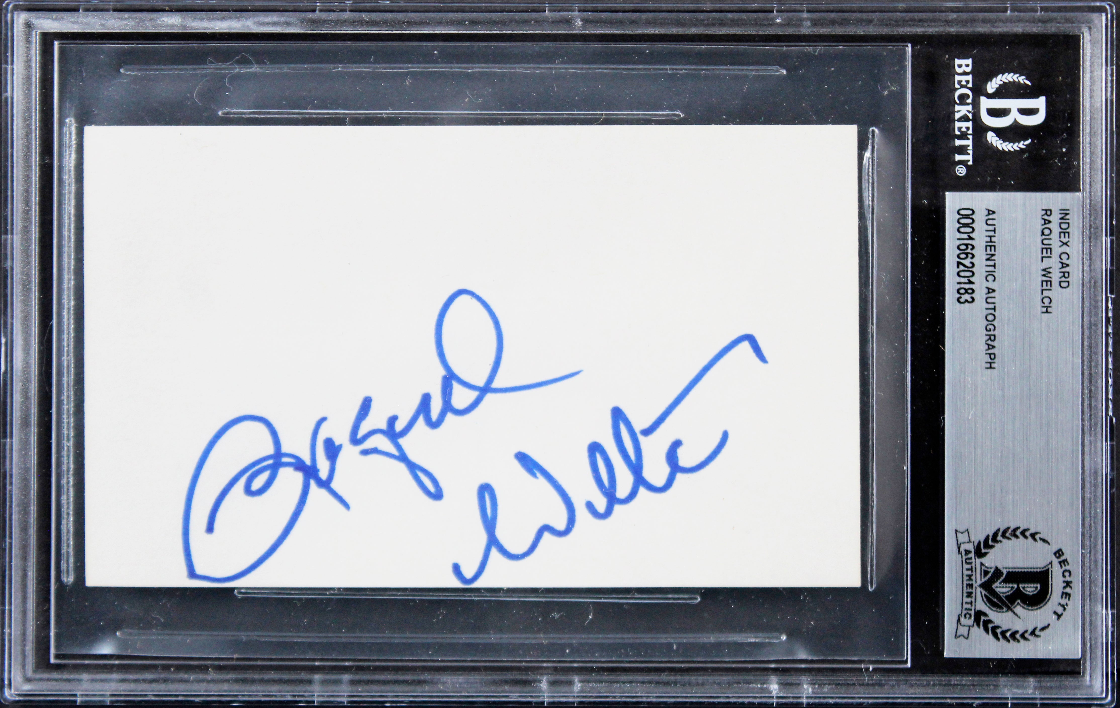 Raquel Welch The Three Musketeers Signed 3x5 Index Card w/ Blue Sig BAS Slabbed