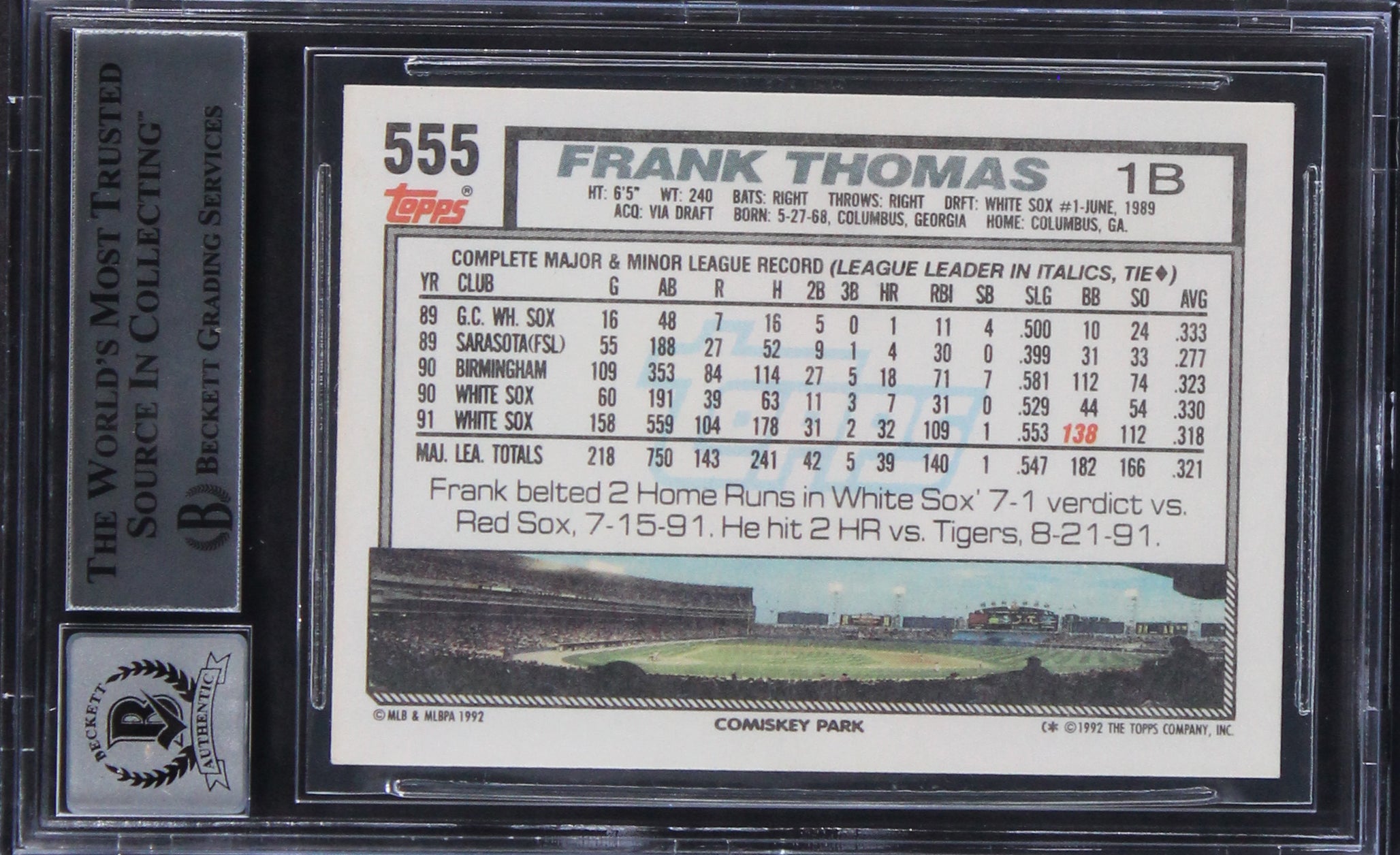 White Sox Frank Thomas "HOF 2014" Signed 1992 Topps #555 Card Auto 10! BAS Slab