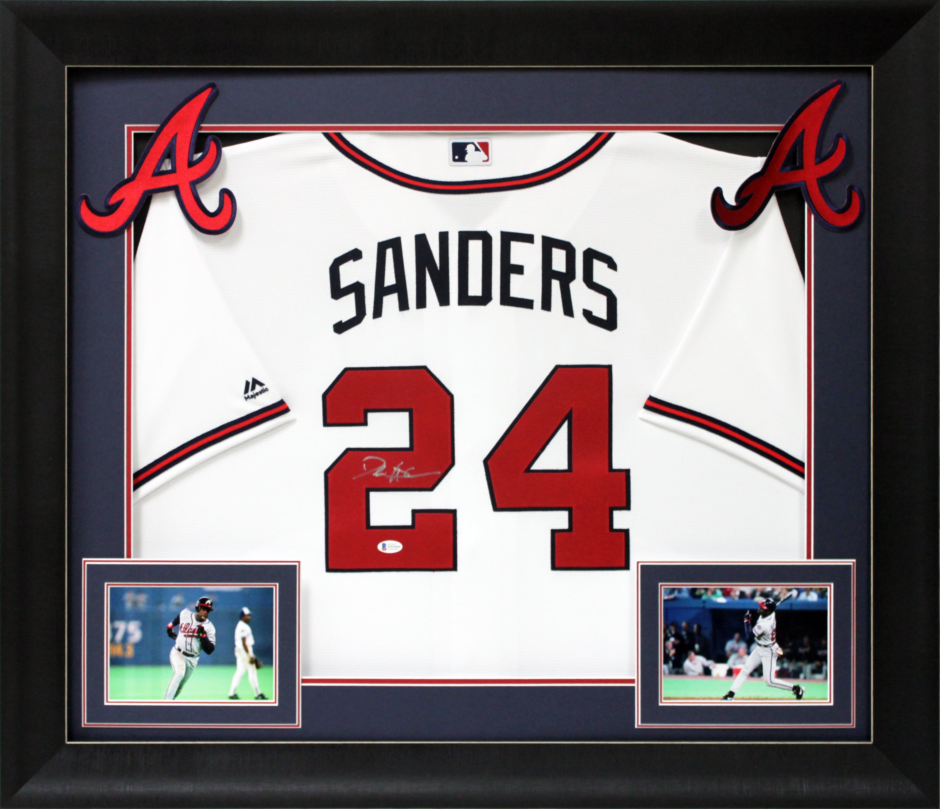 Braves Deion Sanders Signed White Majestic Cool Base Framed Jersey BAS Witnessed