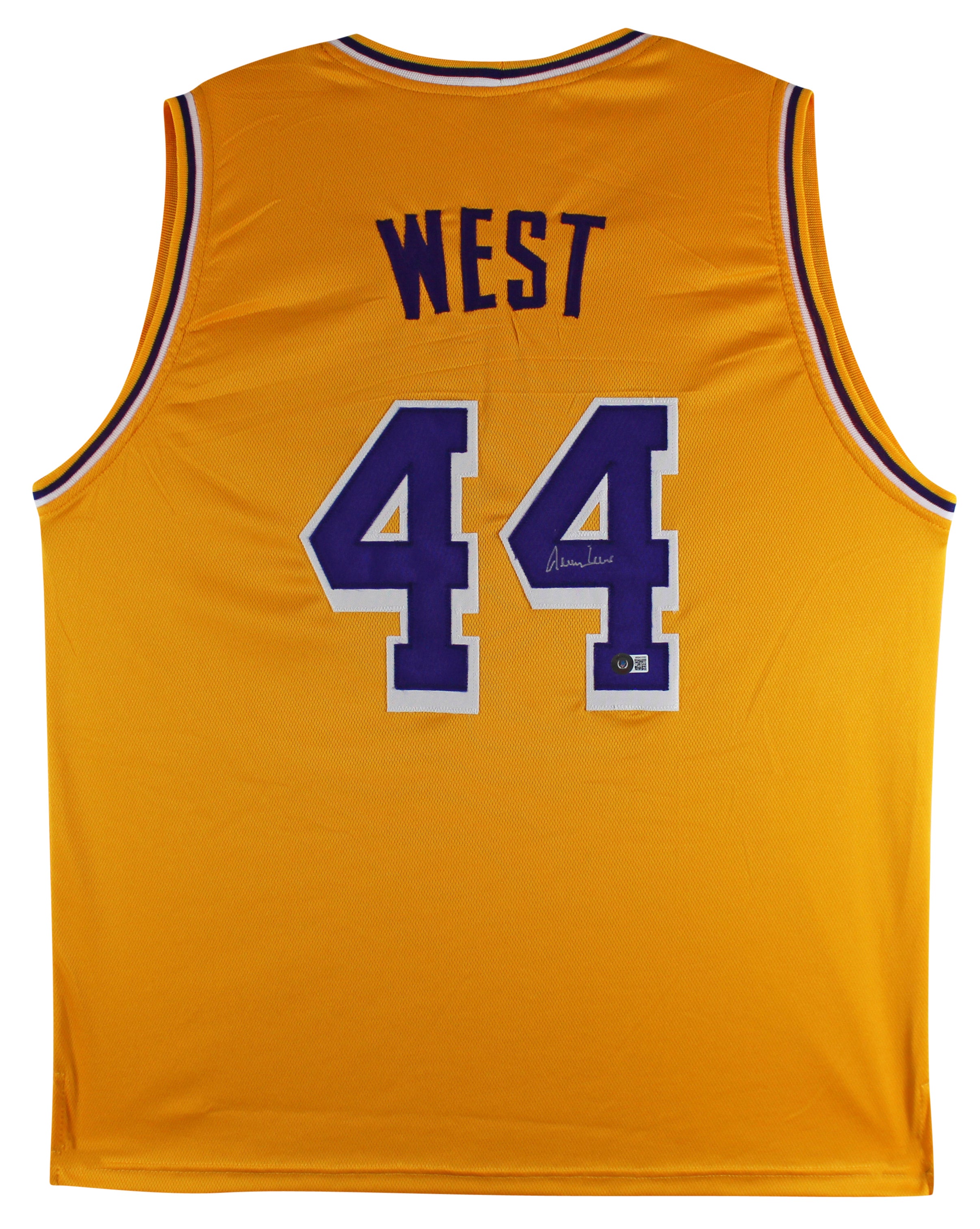 Jerry West Authentic Signed Yellow Pro Style Jersey w/ Purple #'s BAS Witnessed