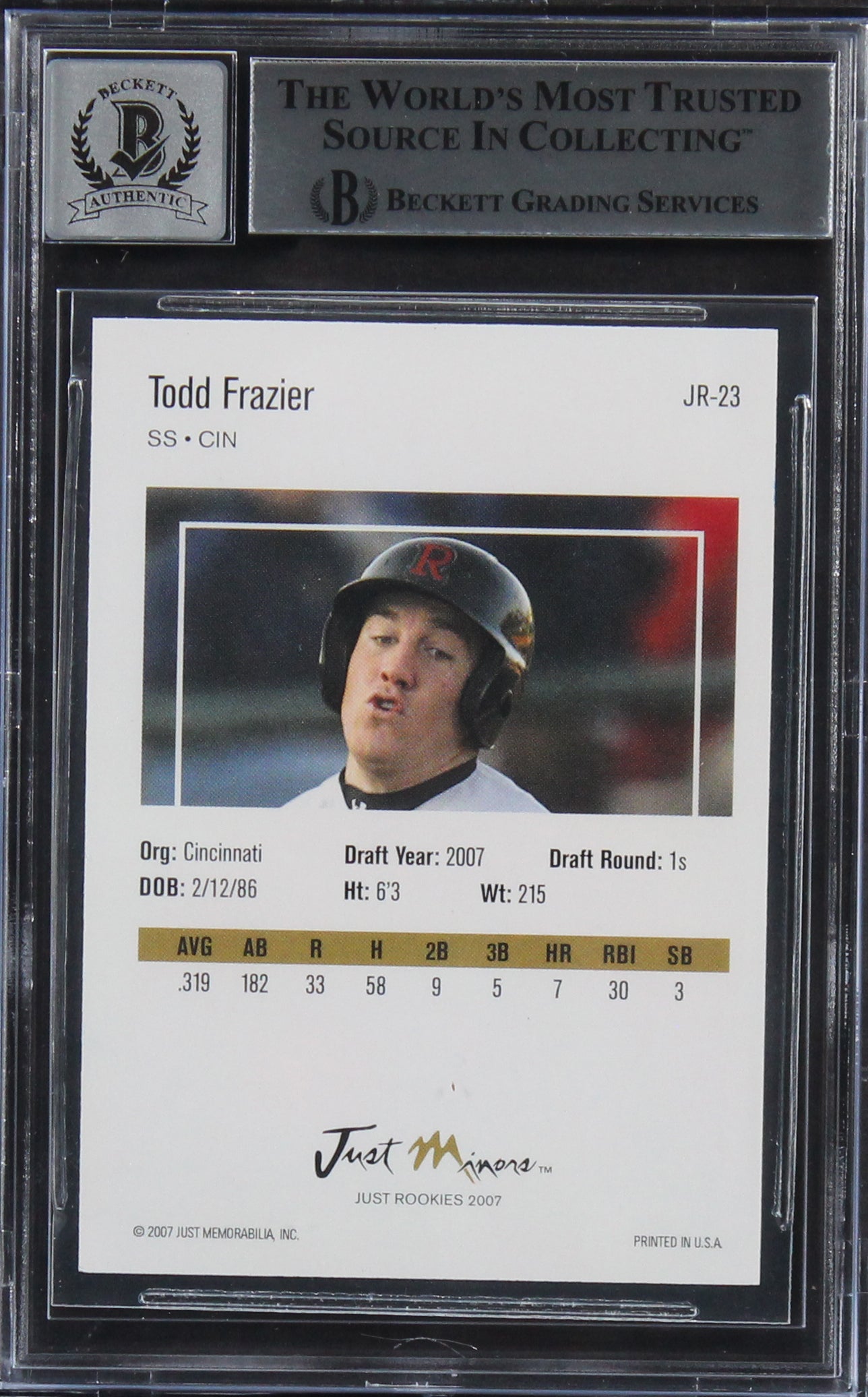 Reds Todd Frazier Signed 2007 Just Rookies #23 Rookie Card Auto 10! BAS Slabbed