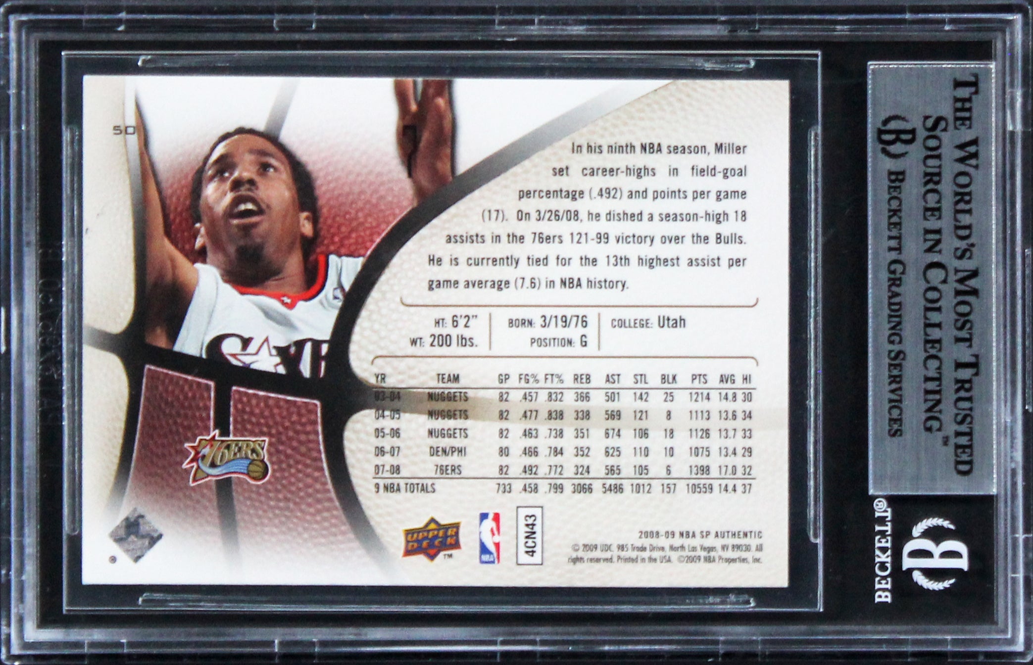 76ers Andre Miller Authentic Signed Card 2008 SP Authentic #50 BAS Slabbed