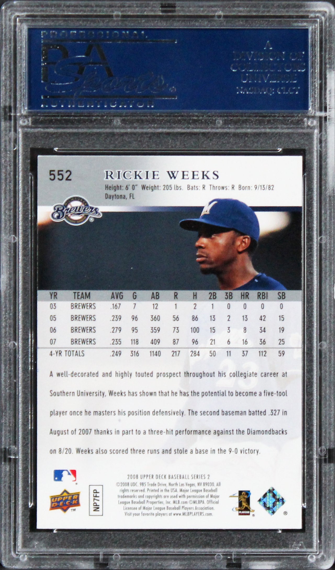 Brewers Rickie Weeks Authentic Signed Card 2008 Upper Deck #552 PSA/DNA Slabbed