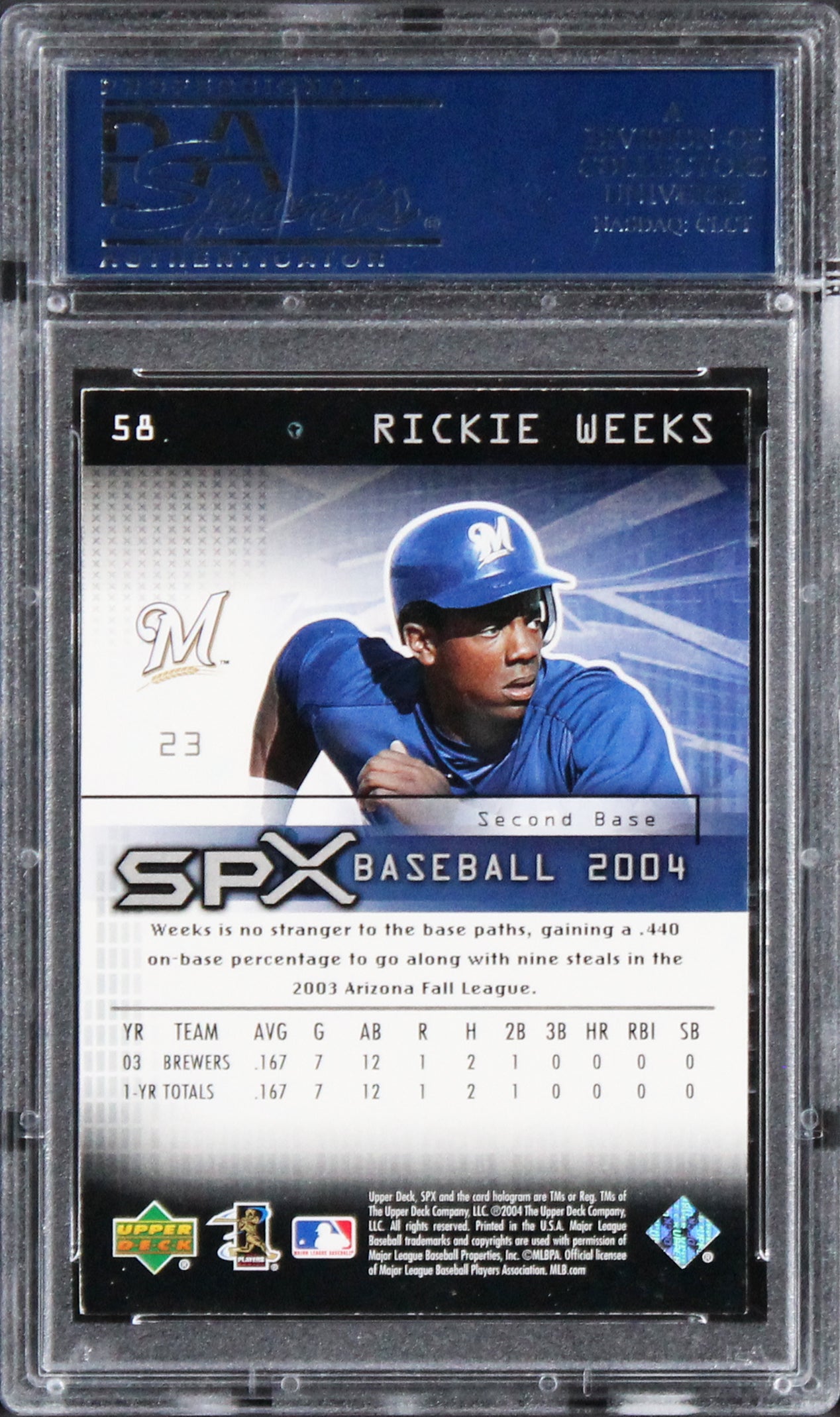 Brewers Rickie Weeks Authentic Signed Card 2004 Spx Rookie #58 PSA/DNA Slabbed