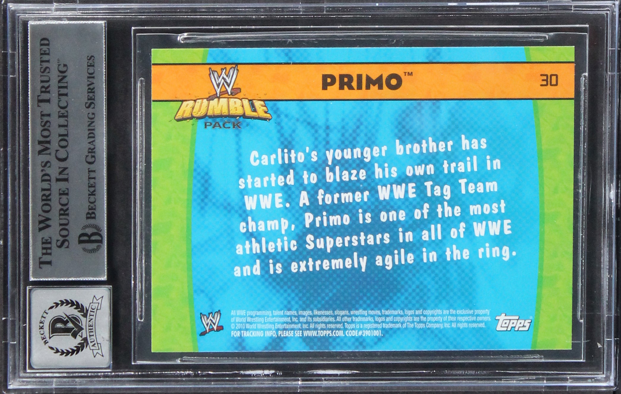 Primo Authentic Signed 2010 Topps WWE Rumble Pack #30 Card Auto 10! BAS Slabbed