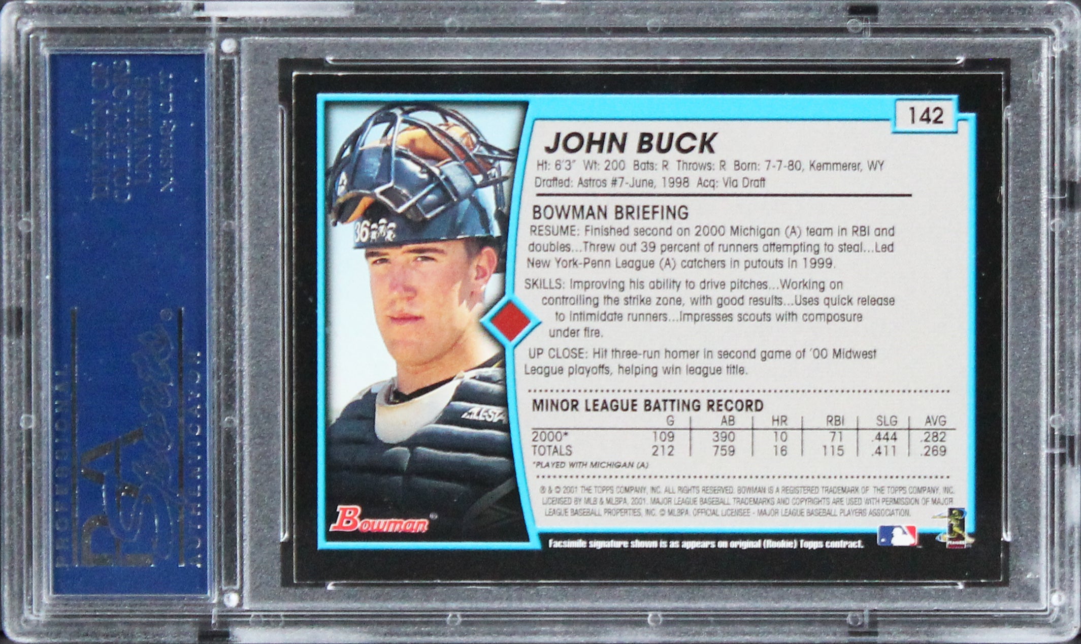 Astros John Buck Authentic Signed Card 2001 Bowman Rookie #142 PSA/DNA Slabbed