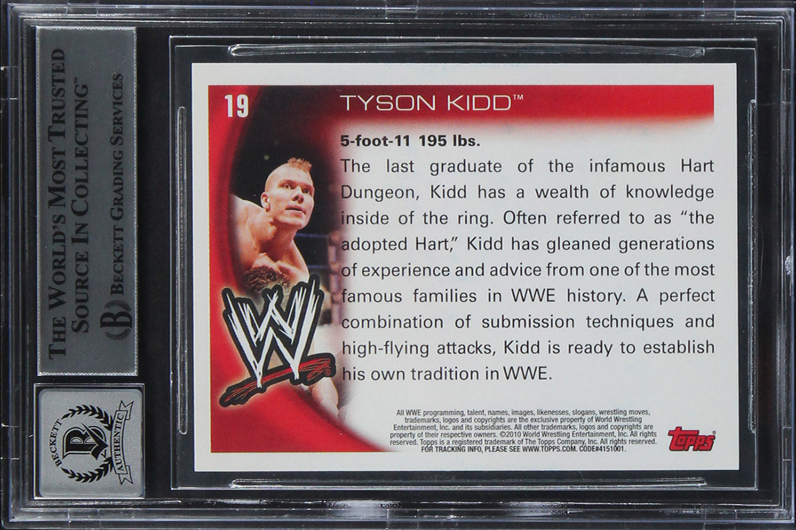 Tyson Kidd Authentic Signed 2010 Topps WWE #19 Card Auto Graded 10! BAS Slabbed