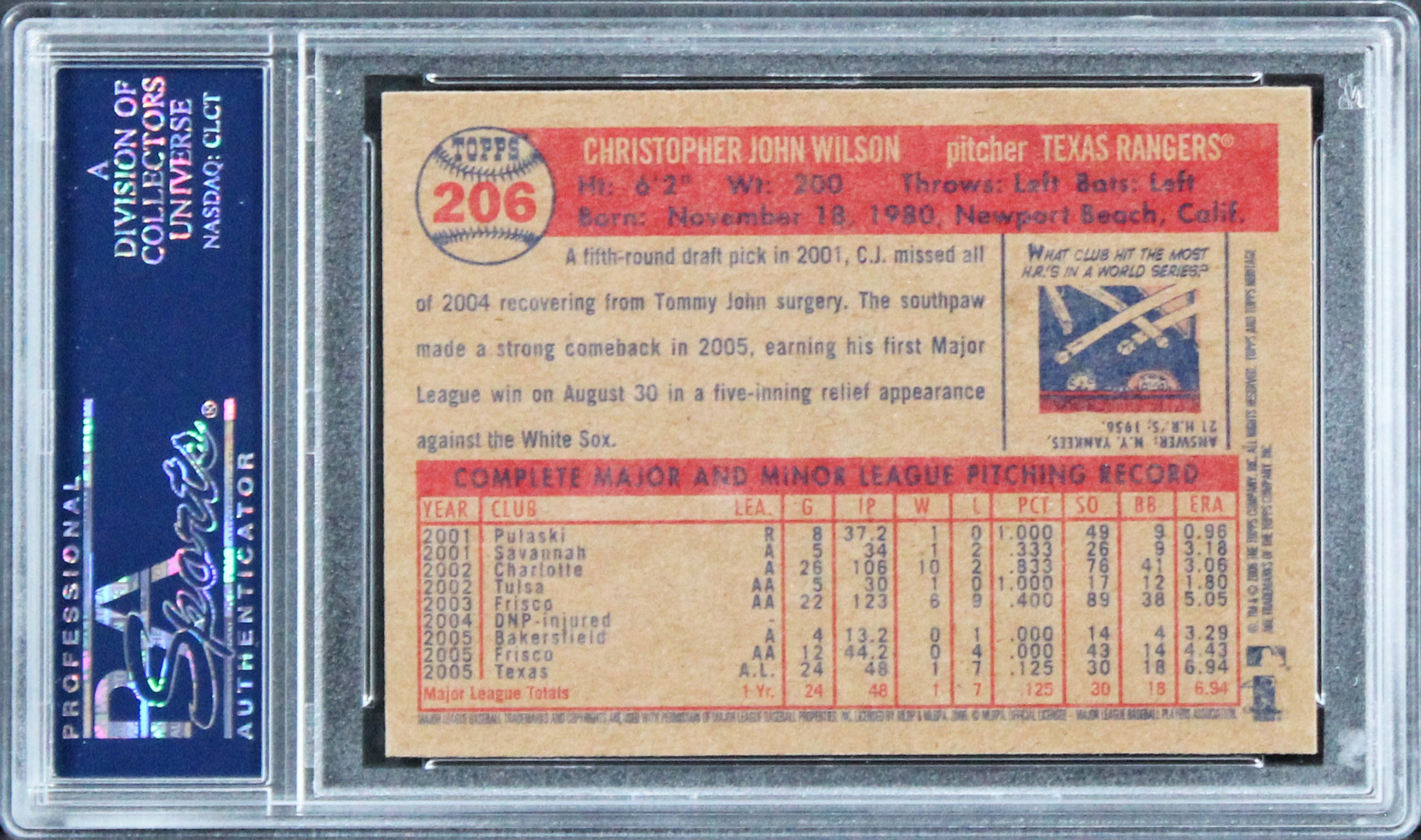 Rangers C.J. Wilson Authentic Signed Card 2006 Topps Heritage #206 PSA Slabbed