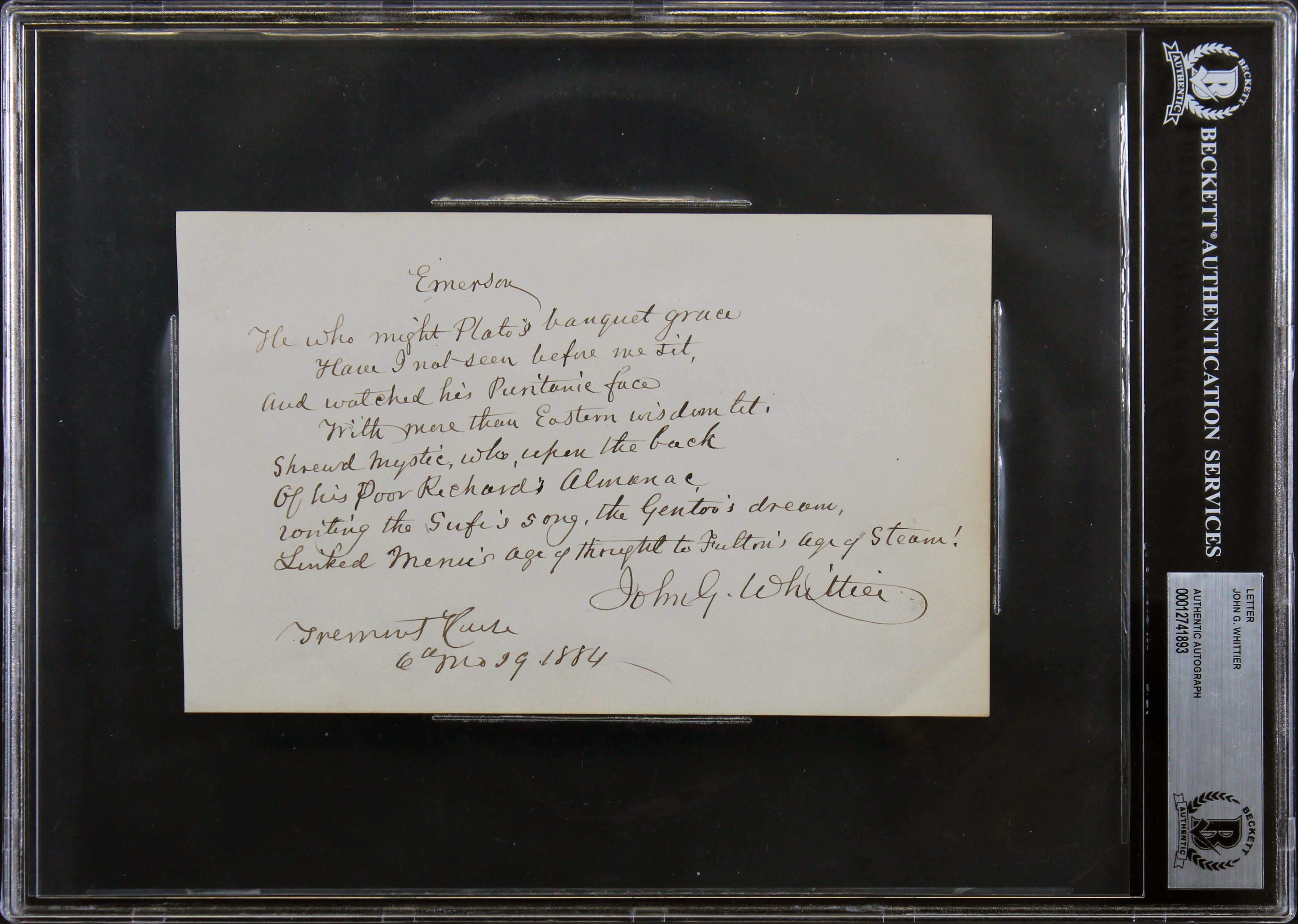 John G. Whittier Signed 4.75x7.5 1884 Handwritten Poem Excerpt BAS Slabbed