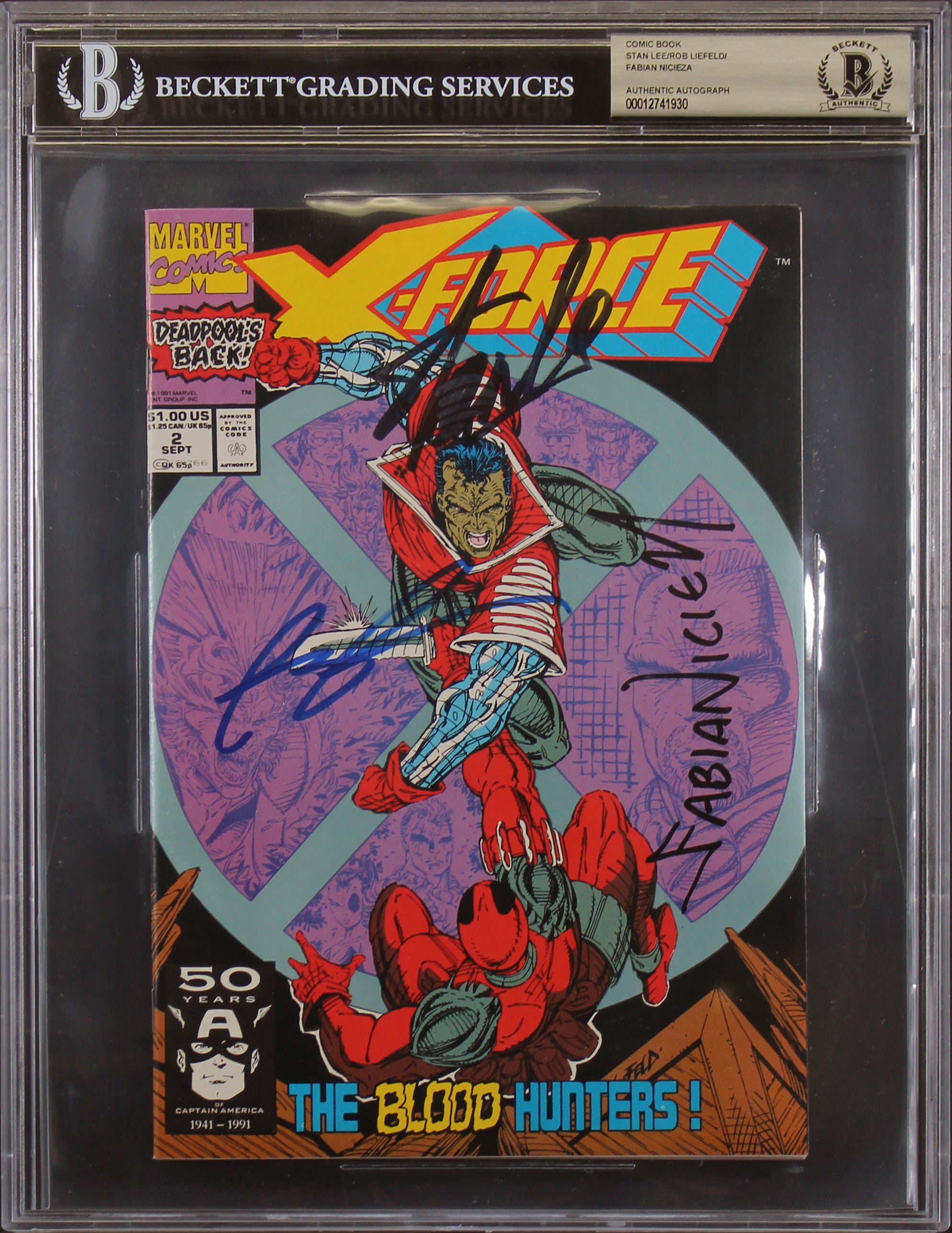 (3) Stan Lee, Liefeld & Nicieza Authentic Signed X-Force #2 Comic BAS Slabbed