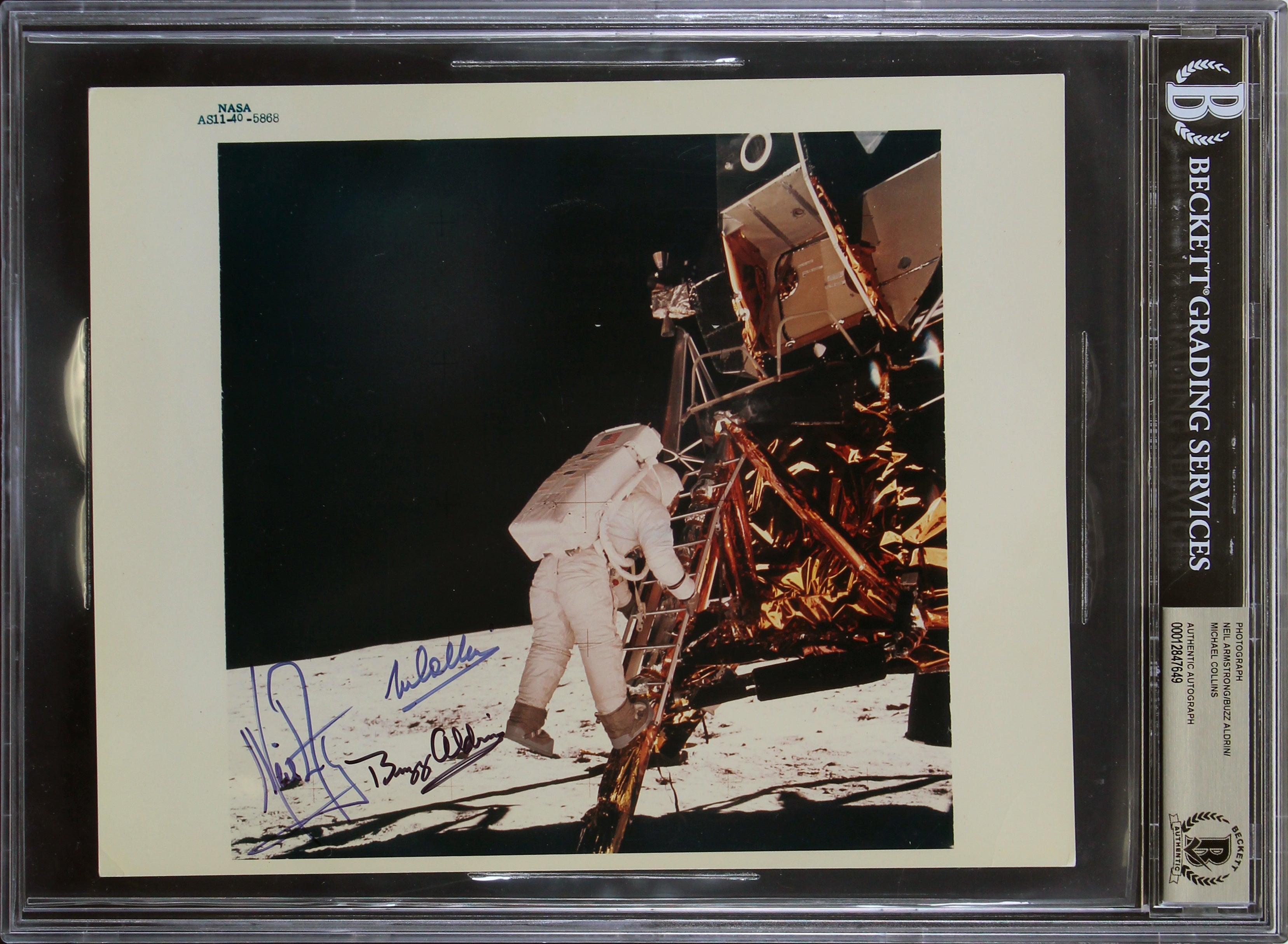 Apollo 11 (3) Armstrong, Aldrin & Collins Signed 8x10 NASA Blue # Photo BAS Slab