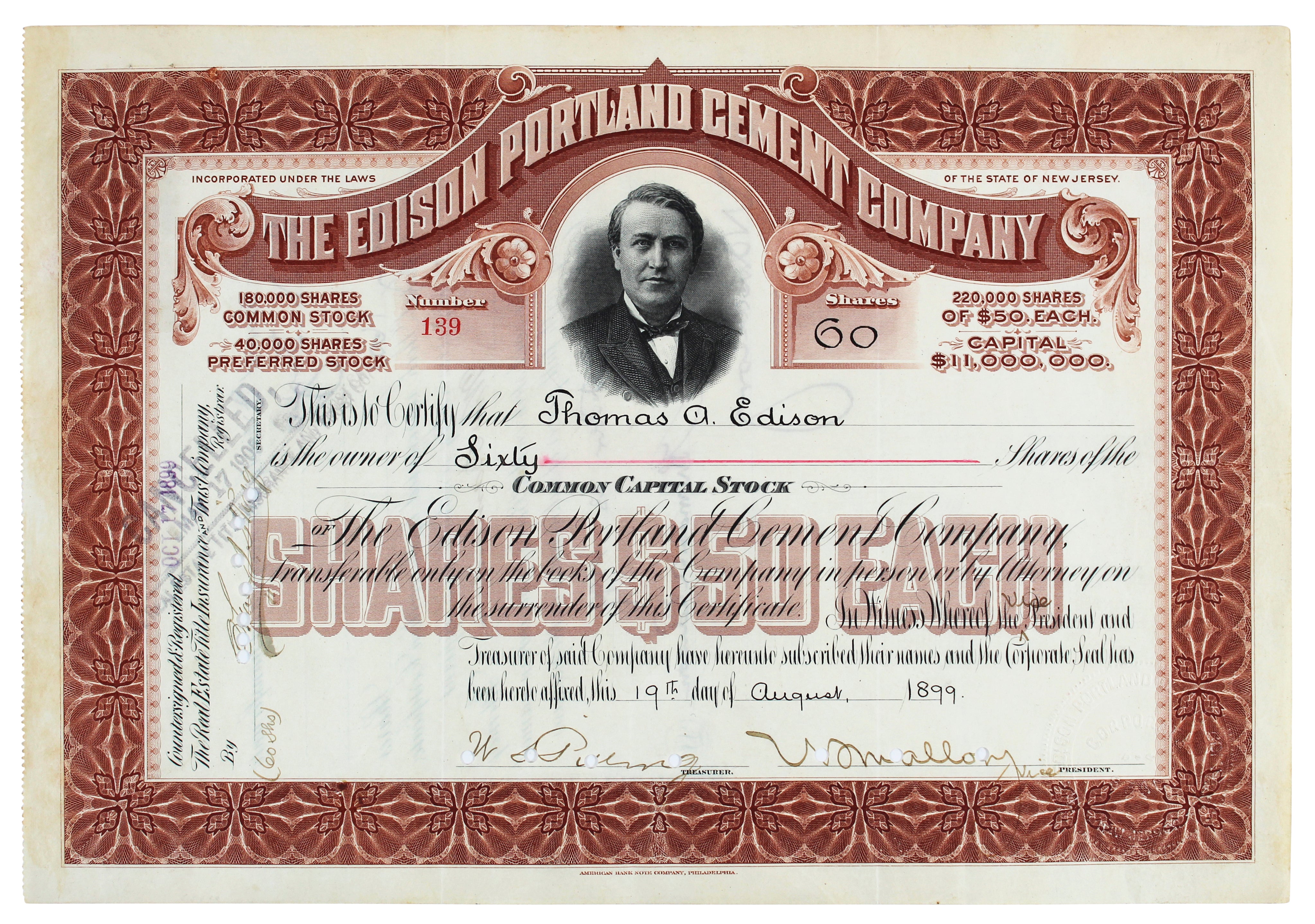 Thomas Edison Signed 8.25x11.75 1899 Portland Cement Stock Certificate Dated JSA