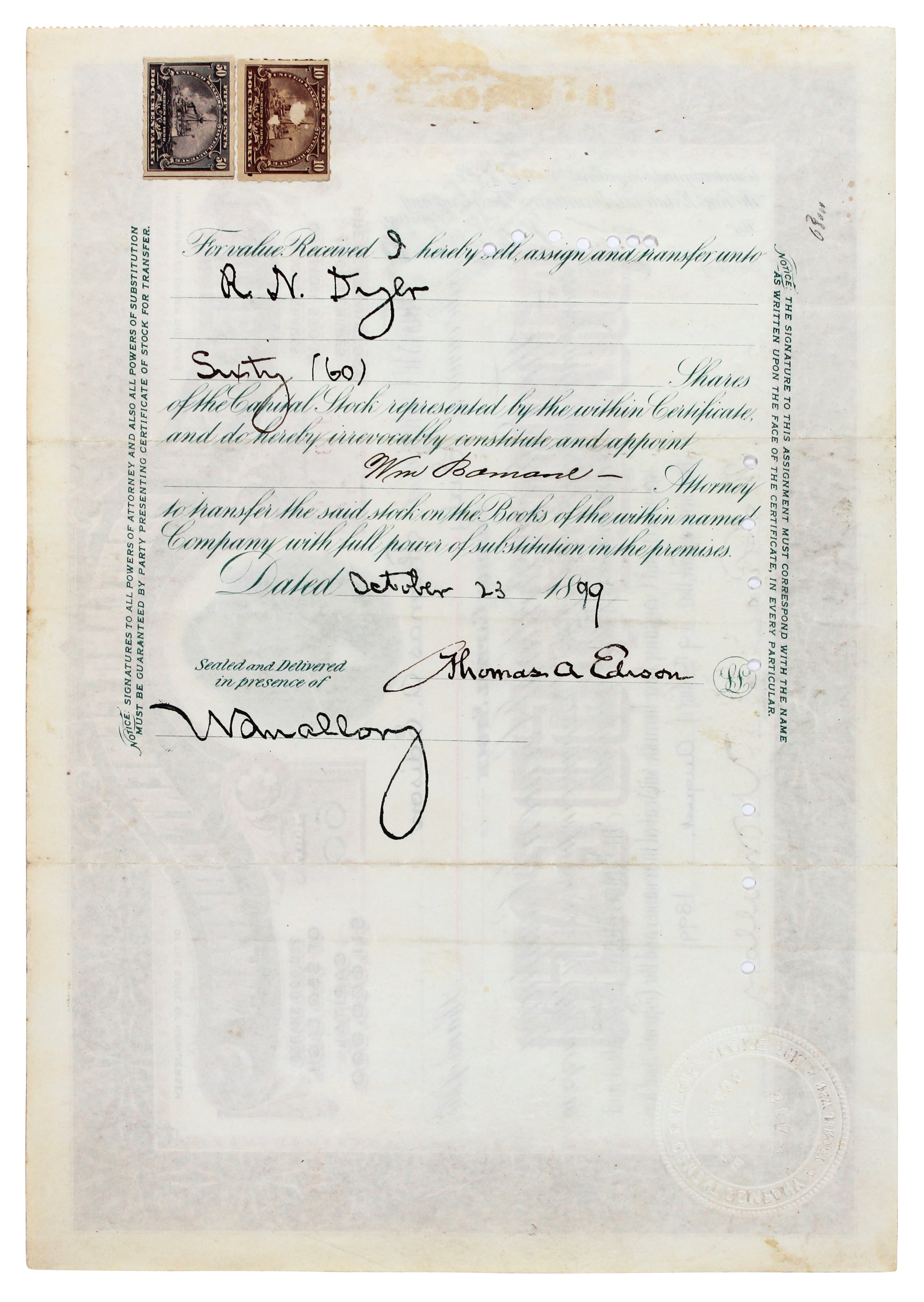 Thomas Edison Signed 8.25x11.75 1899 Portland Cement Stock Certificate Dated JSA