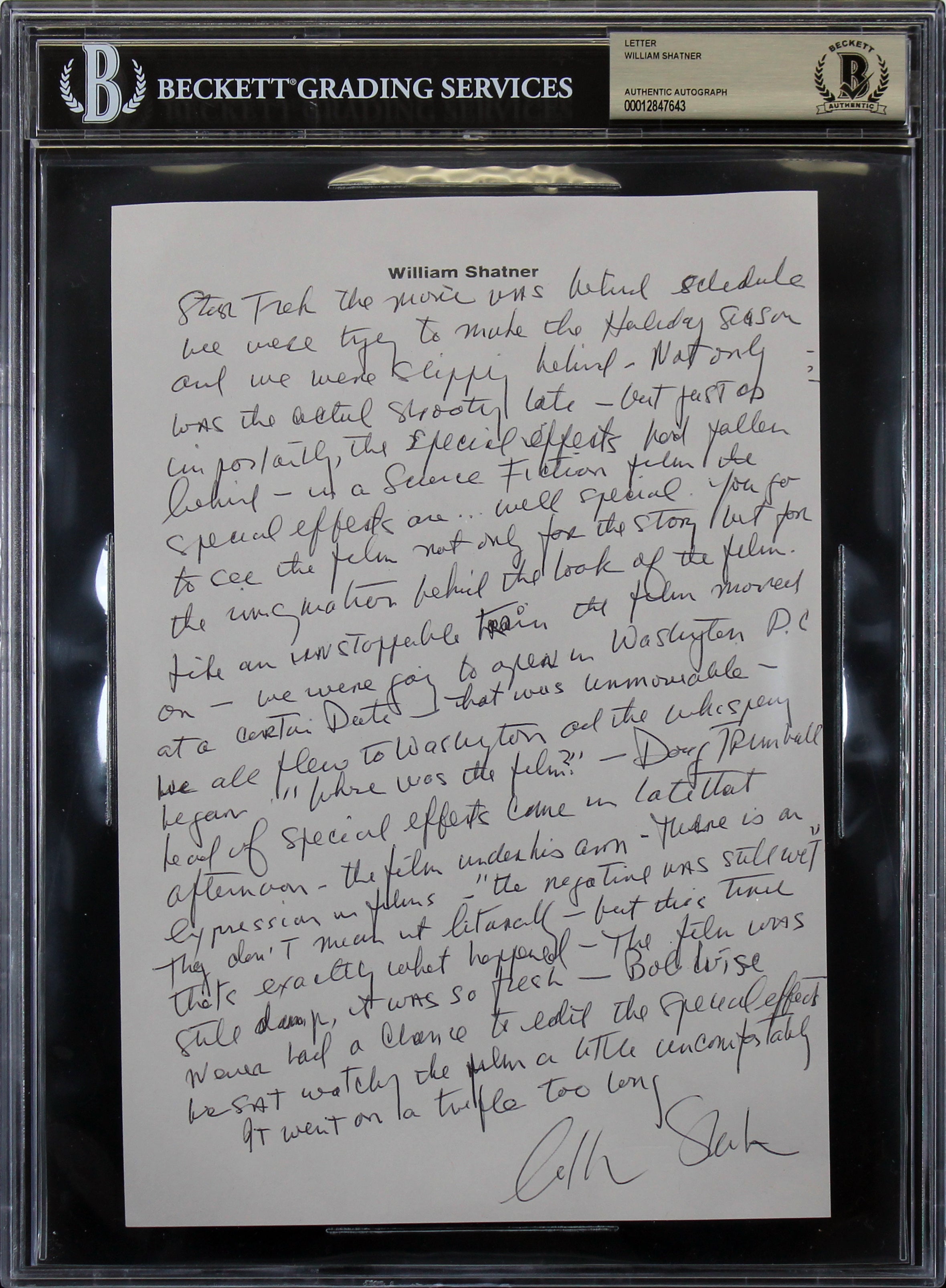 William Shatner Star Trek Authentic Signed 7.25x10 Handwritten Letter BAS Slab