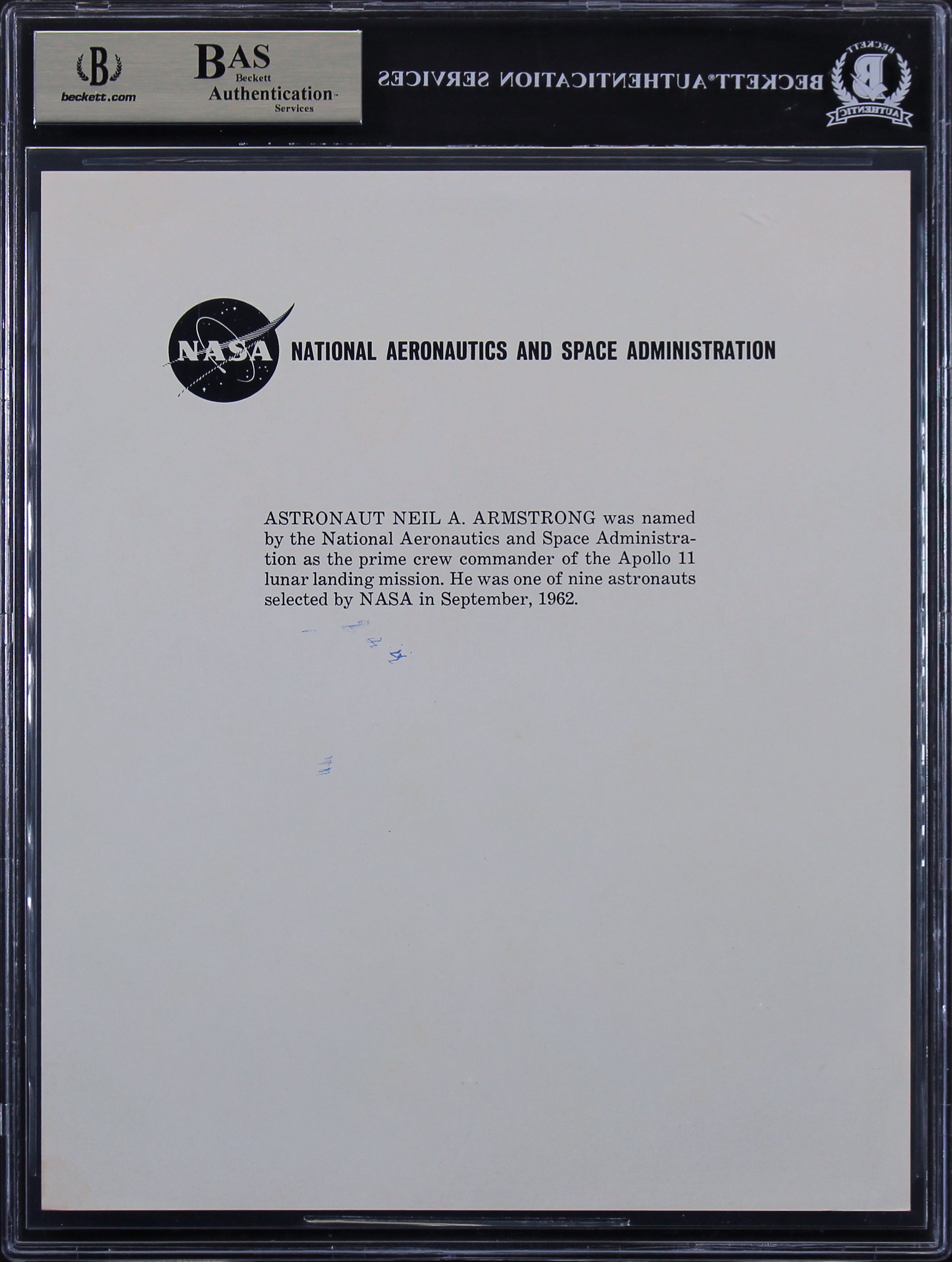 Neil Armstrong Apollo 11 Authentic Signed 8x10 NASA Photo BAS Slabbed