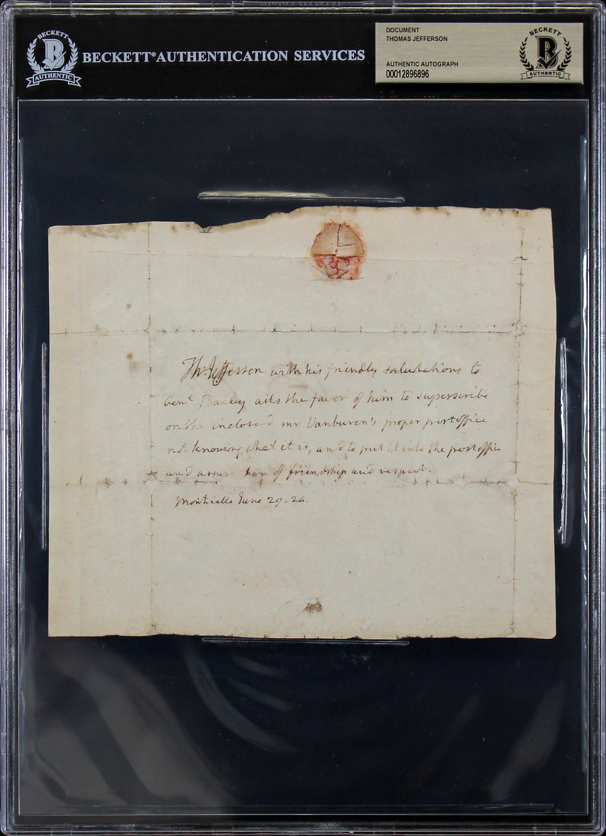 Thomas Jefferson Authentic Signed 6.25x7.5 1824 Handwritten Envelope BAS Slabbed