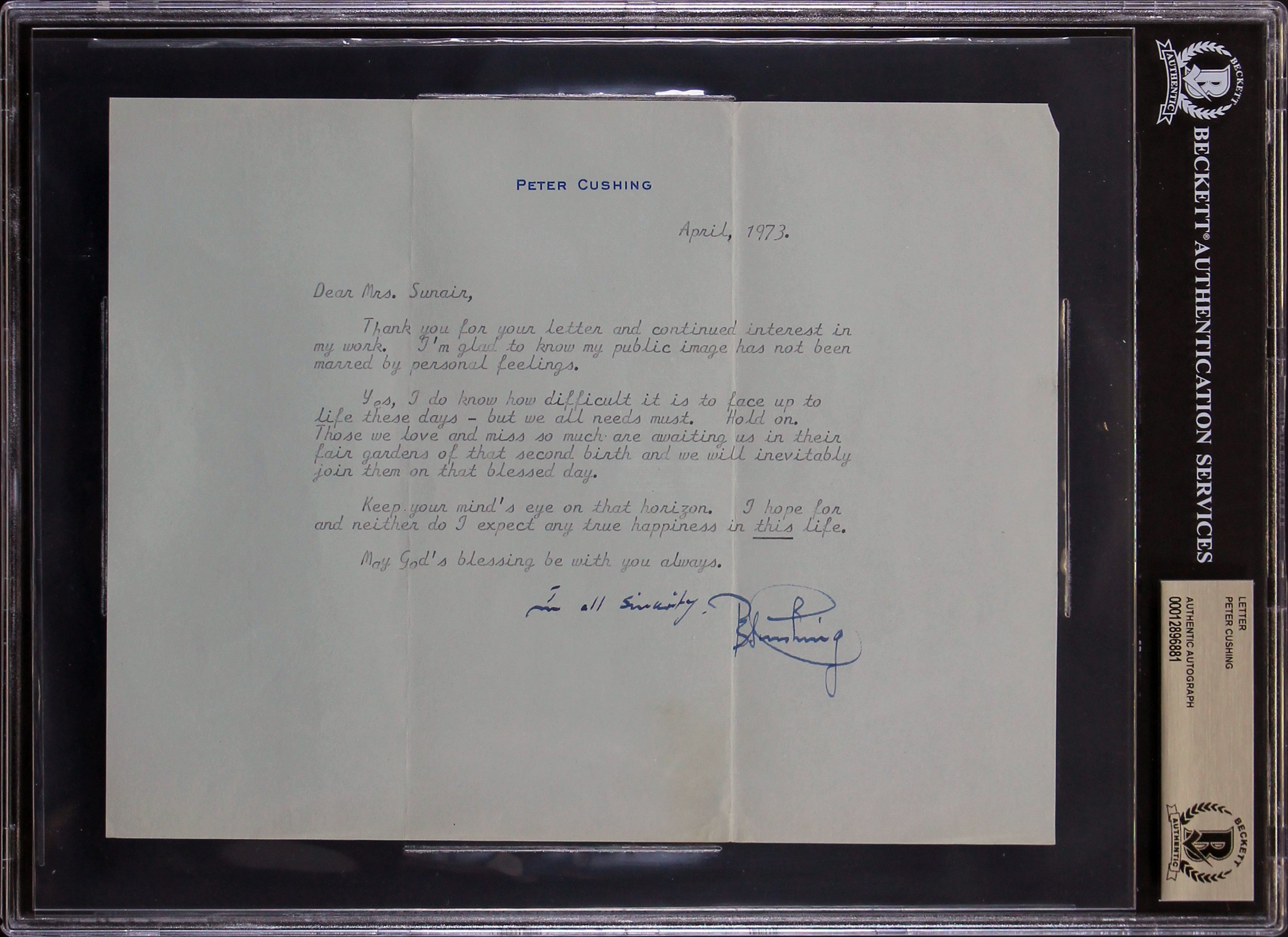 Peter Cushing Star Wars Signed 7x8.75 Letter Dated April 1973 BAS Slabbed