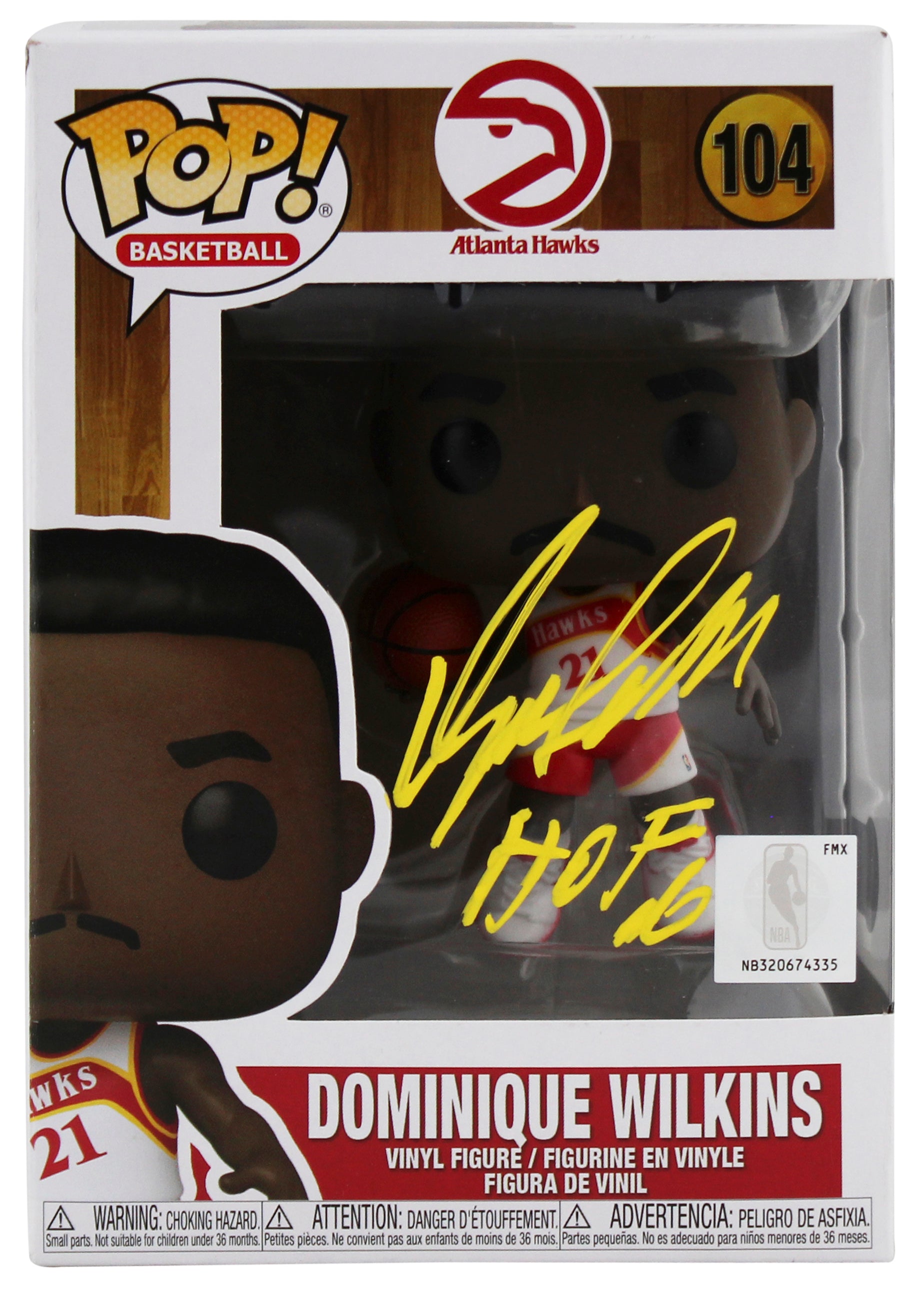 Hawks Dominique Wilkins Signed #104 Funko Pop Vinyl Figure w/ Yellow Sig BAS Wit