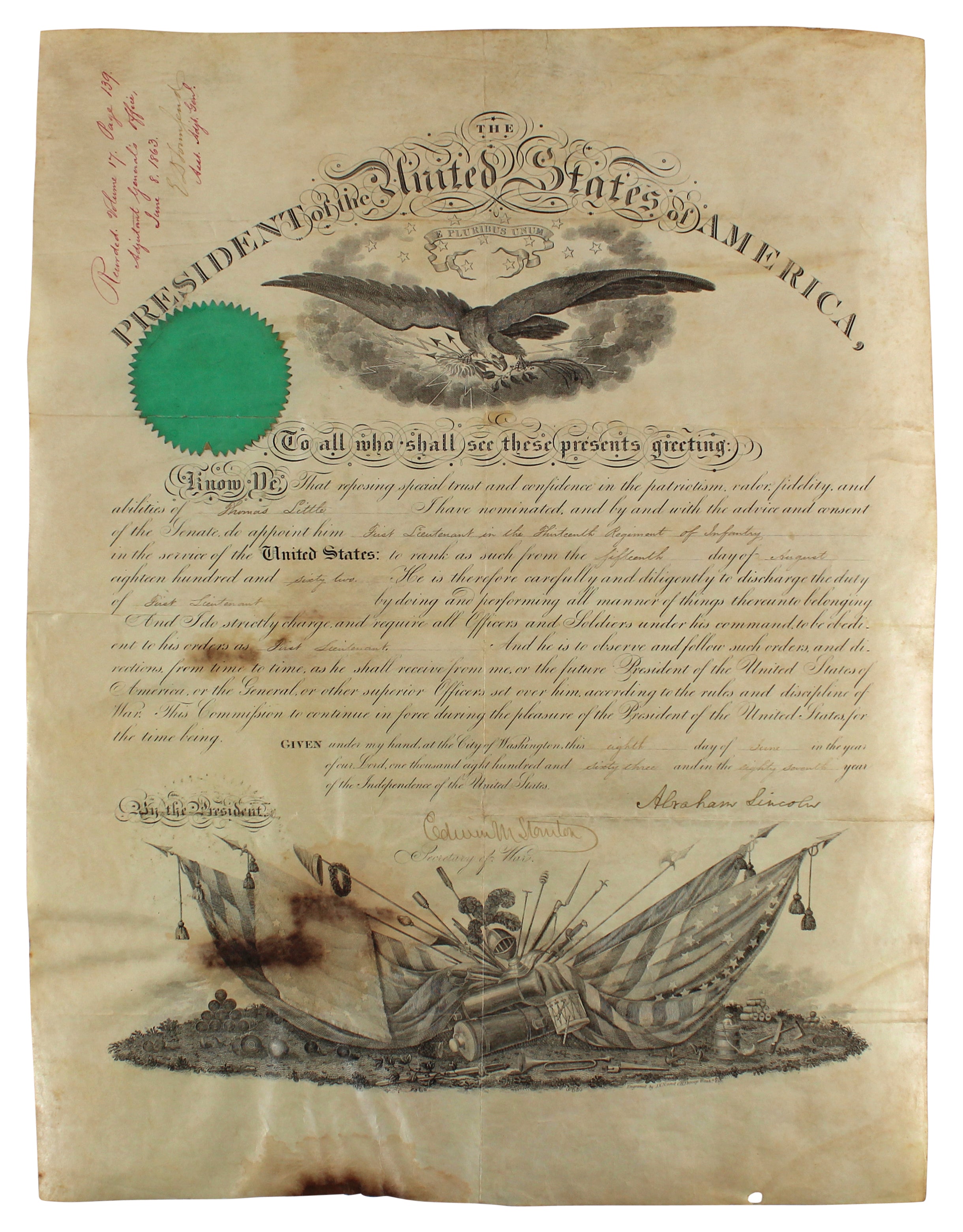 Abraham Lincoln Signed 14.75x19.25 1862 Military Appointment BAS #AB76505