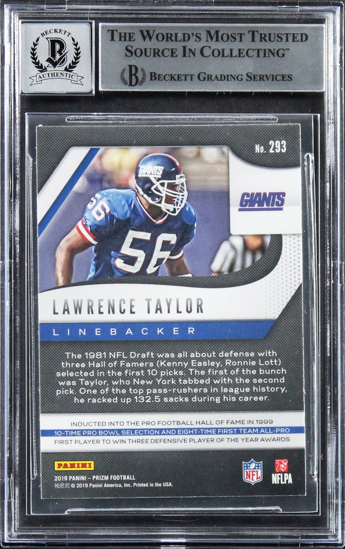 Giants Lawrence Taylor Signed 2019 Panini Prizm #293 Card Auto 10! BAS Slabbed