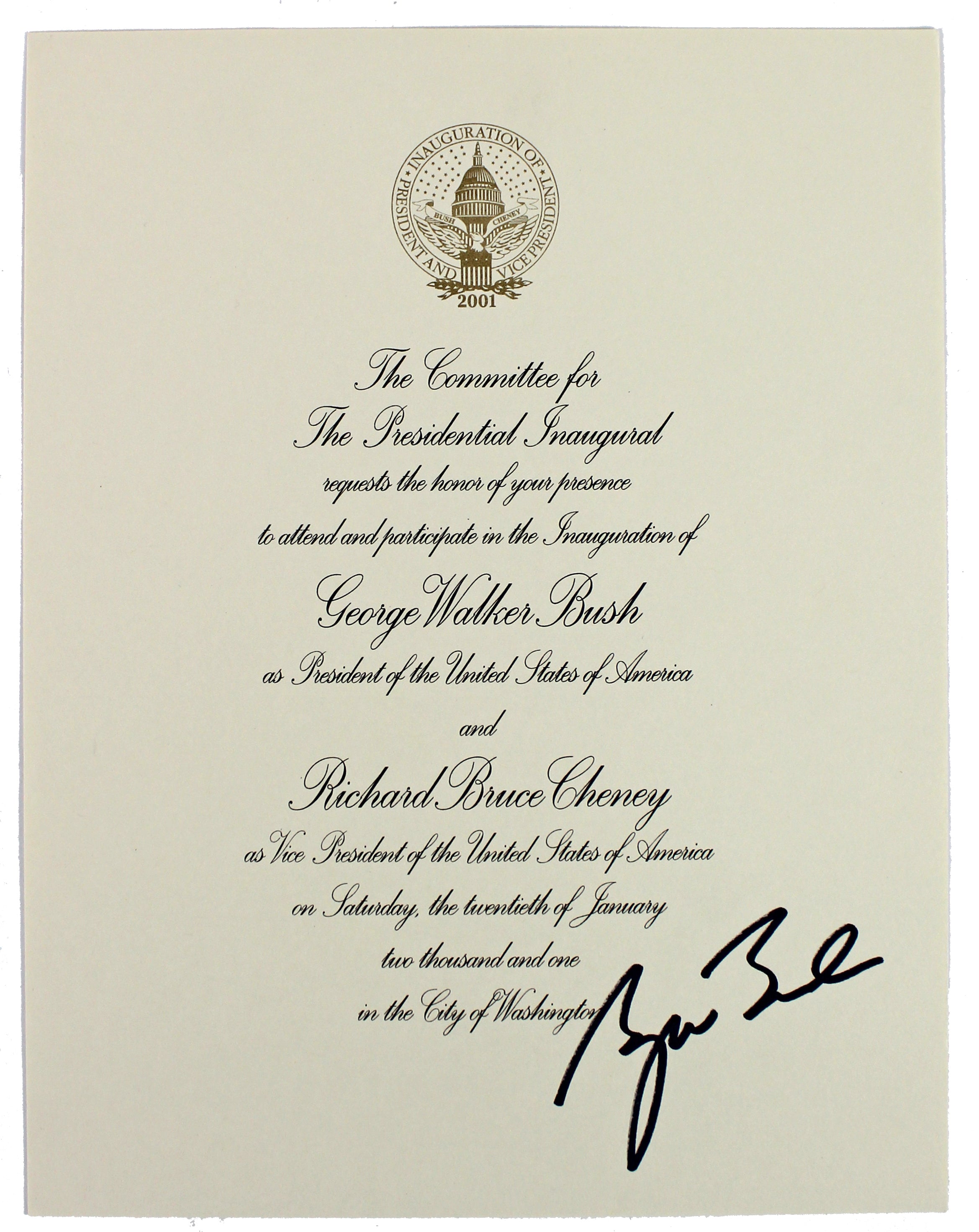 George W. Bush Authentic Signed 8.5x11 2001 Inauguration Invitation BAS #A39334