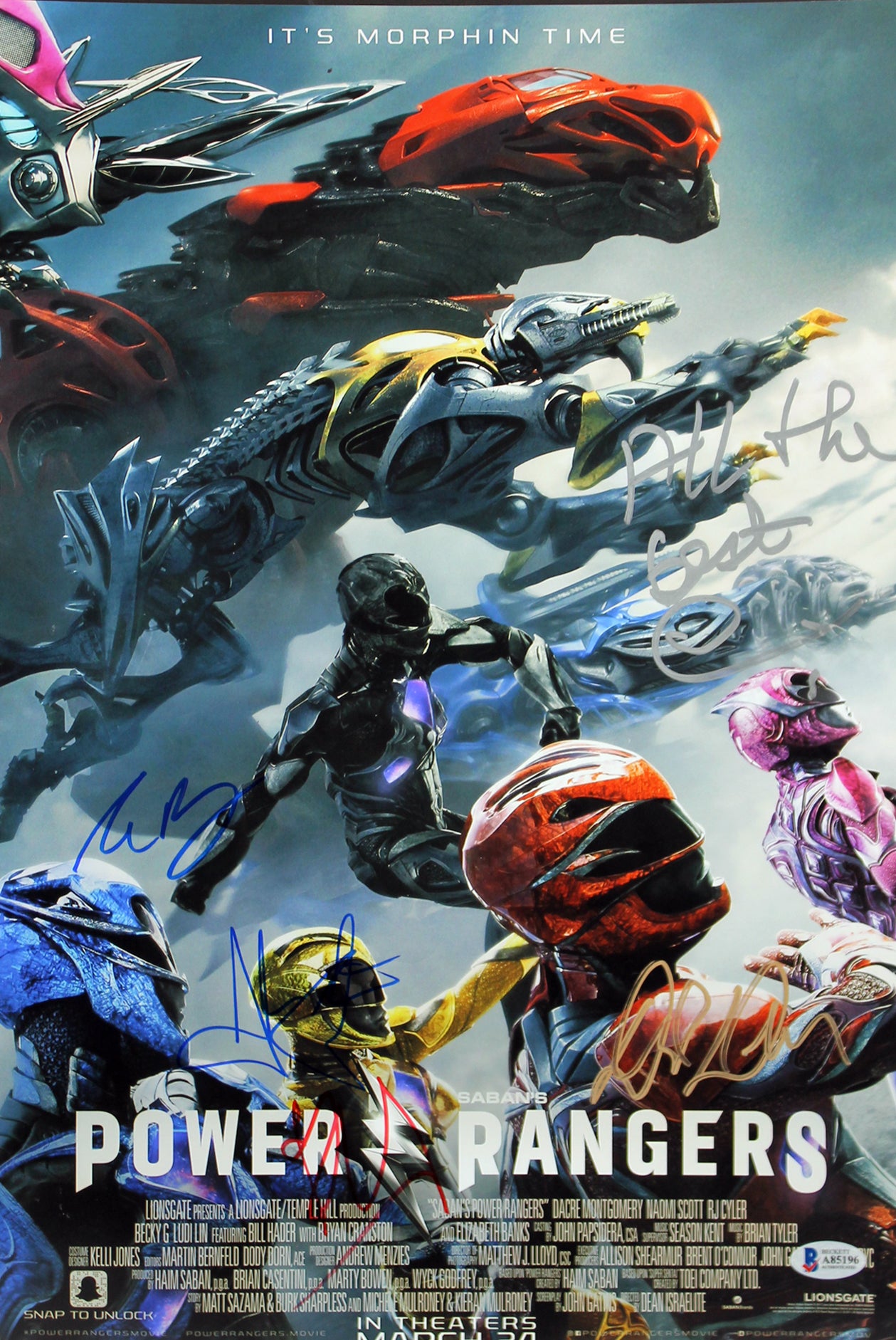 Power Rangers (5) Banks, Saban +3 Signed 12x18 Mini Movie Poster BAS #A85196