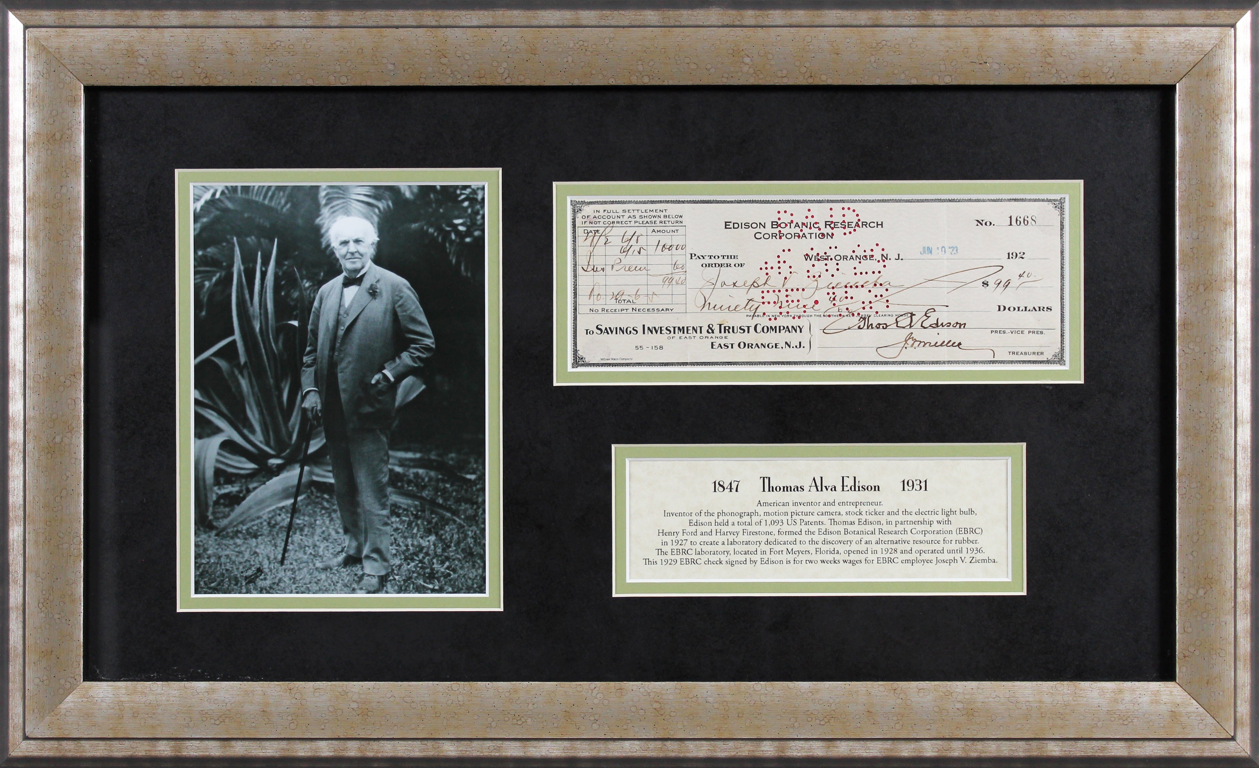 Thomas Edison Authentic Signed & Framed 3x8.5 1923 EBRC Check BAS #AB76507