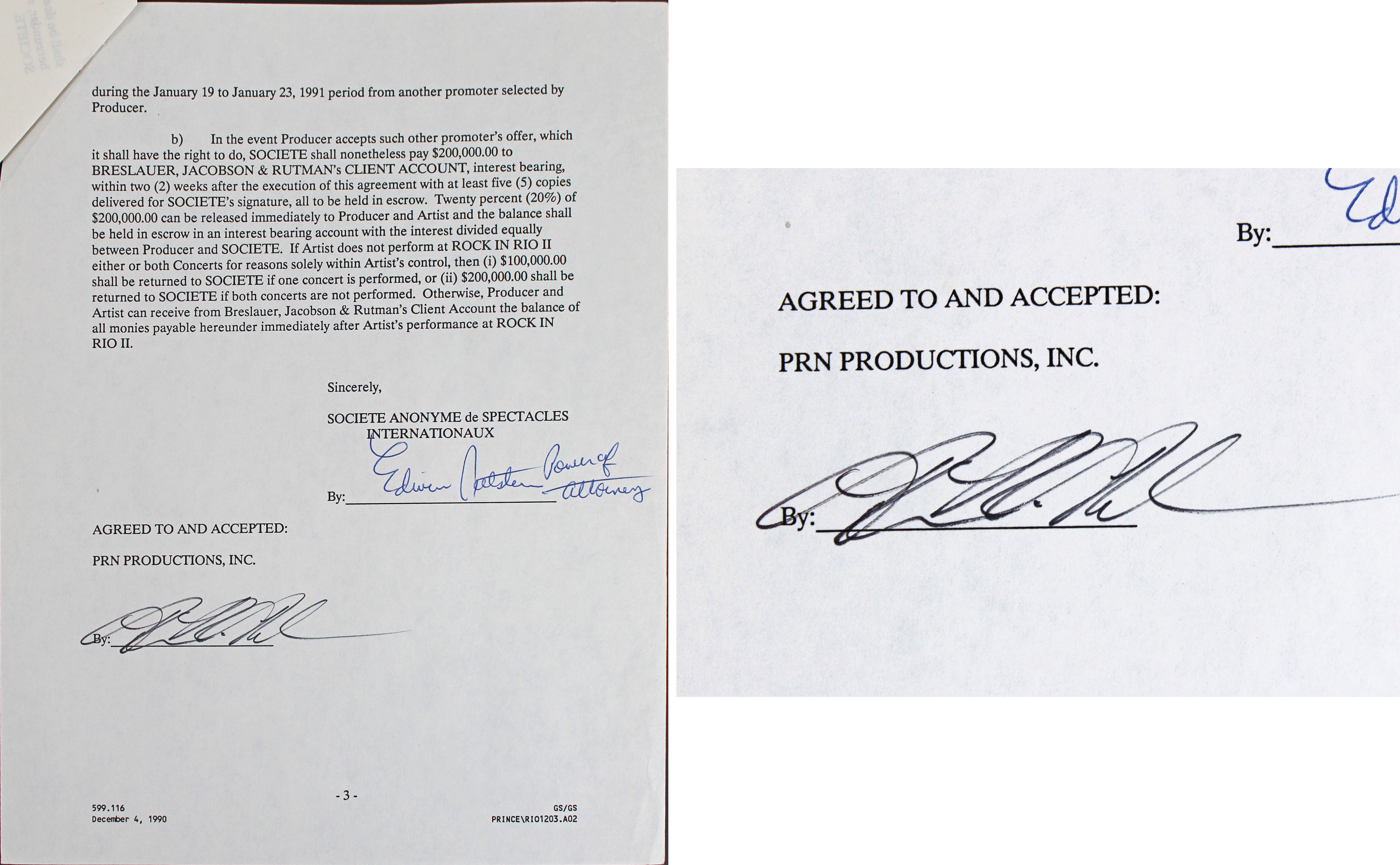 Prince Nelson Signed 8.5x11 3 Page Contract Dated November 20, 1990 BAS #A57637