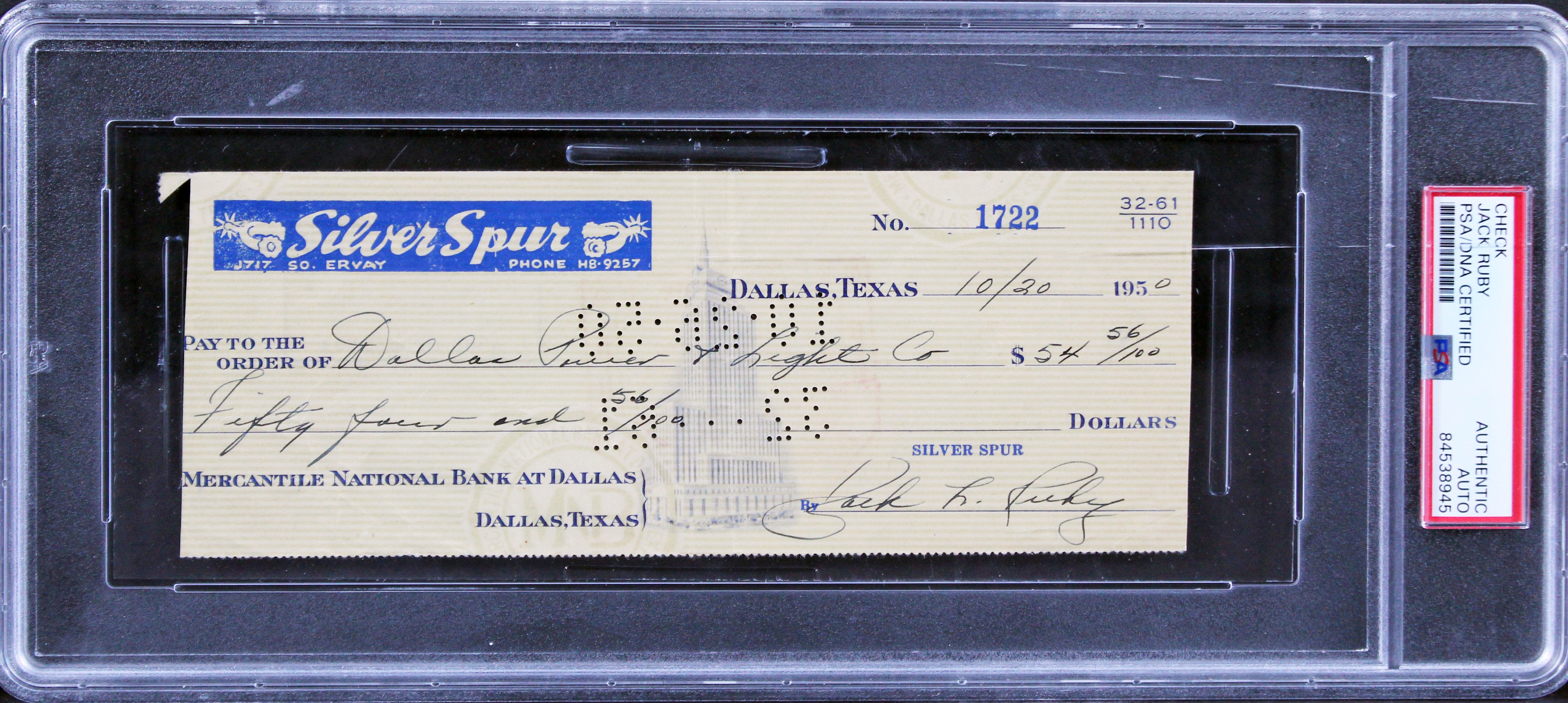 Jack Ruby Authentic Signed 3x7.75 1950 Personal Check PSA/DNA Slabbed