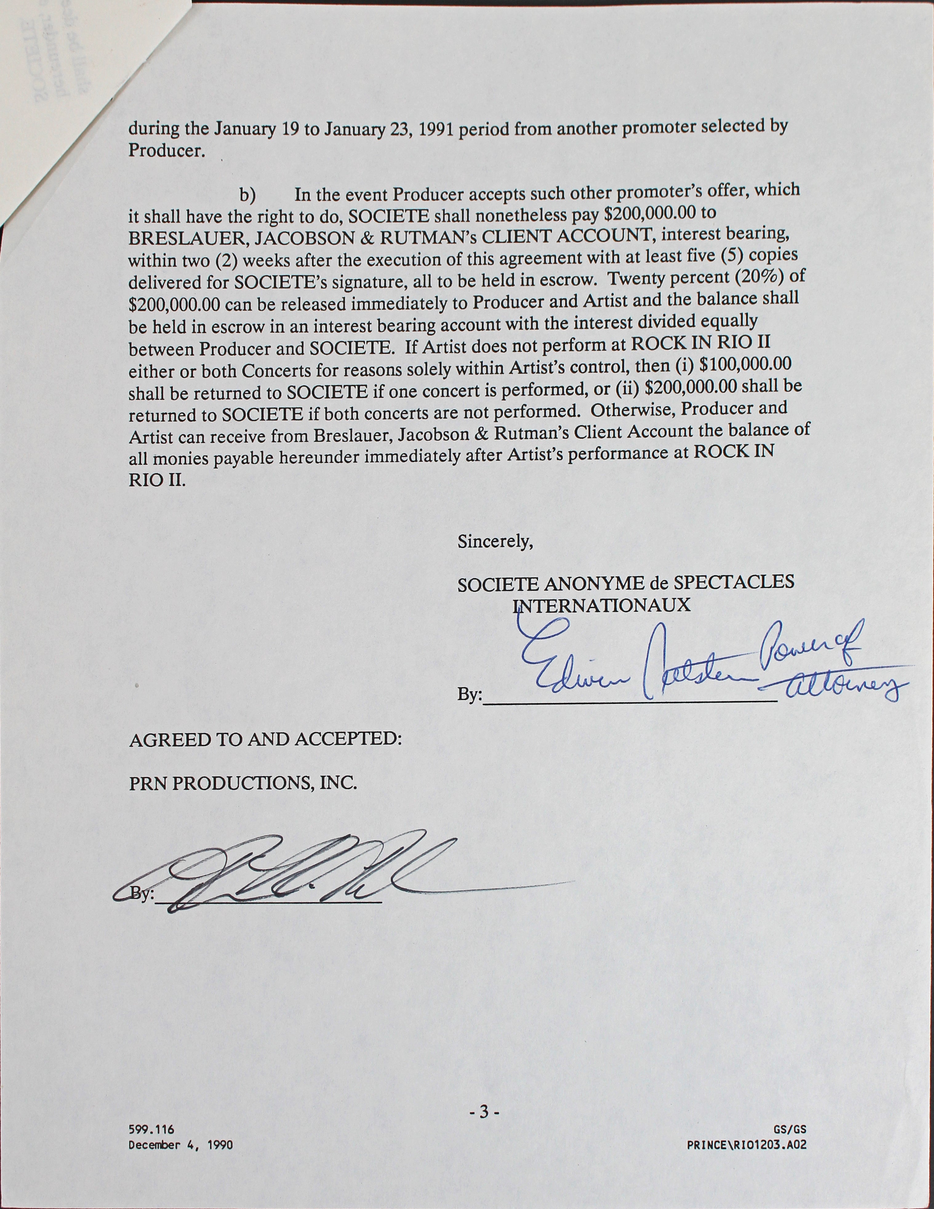 Prince Nelson Signed 8.5x11 3 Page Contract Dated November 20, 1990 BAS #A57637