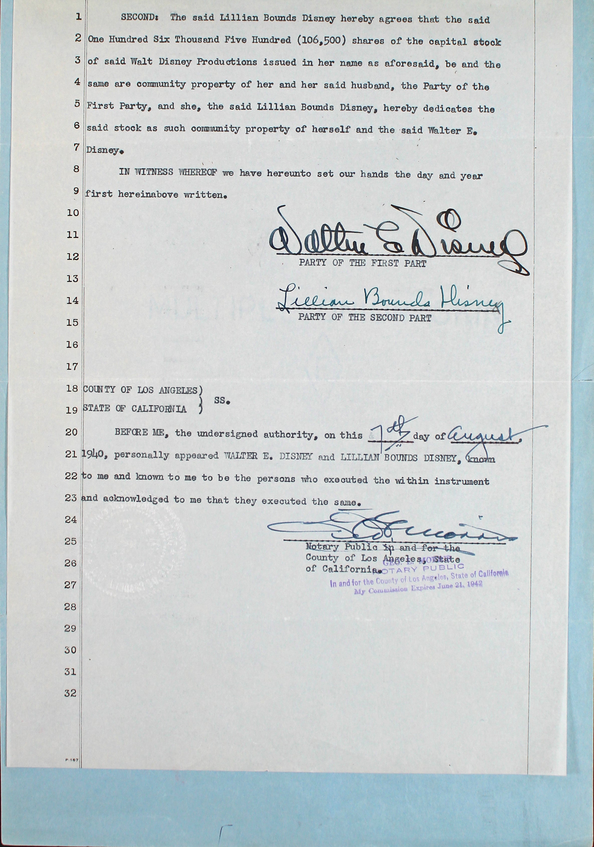 Walt Disney & Lillian Disney Signed 2 Page 8.5x13 1940 Contract BAS #A57638