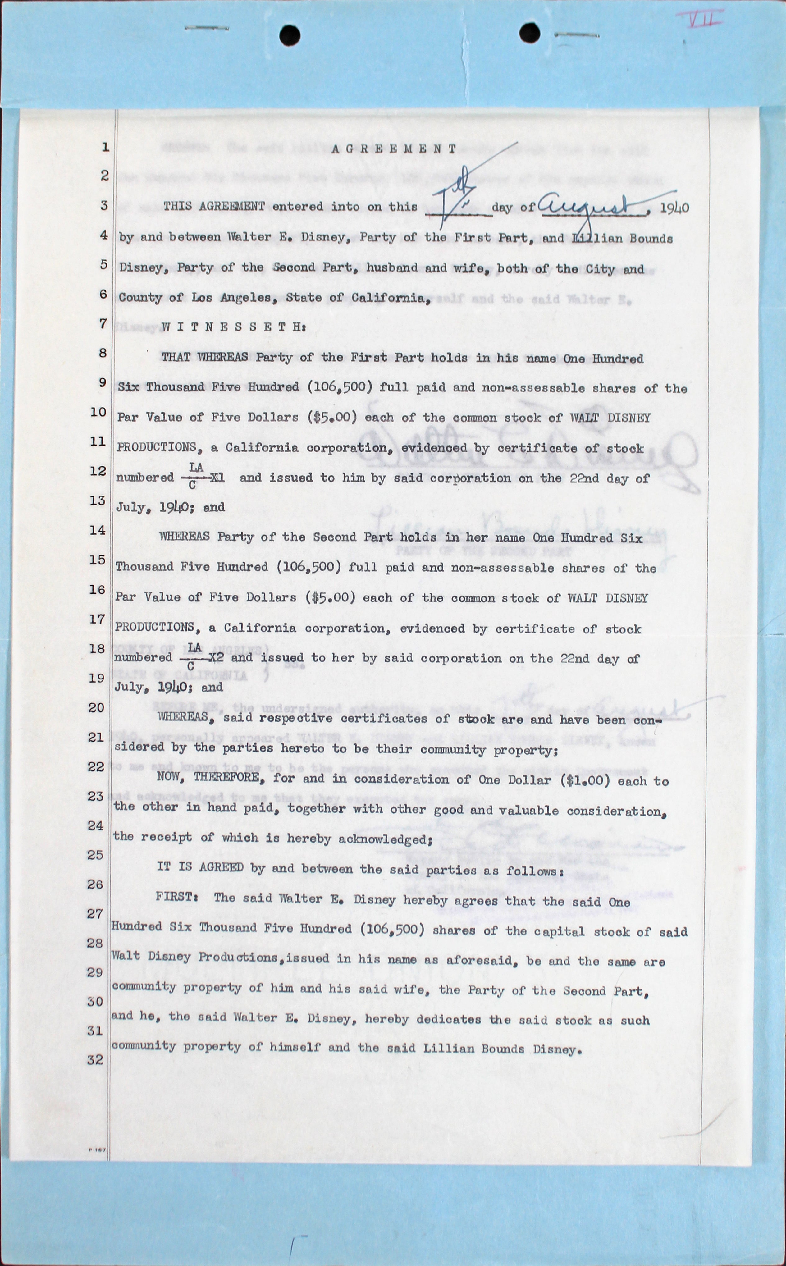 Walt Disney & Lillian Disney Signed 2 Page 8.5x13 1940 Contract BAS #A57638
