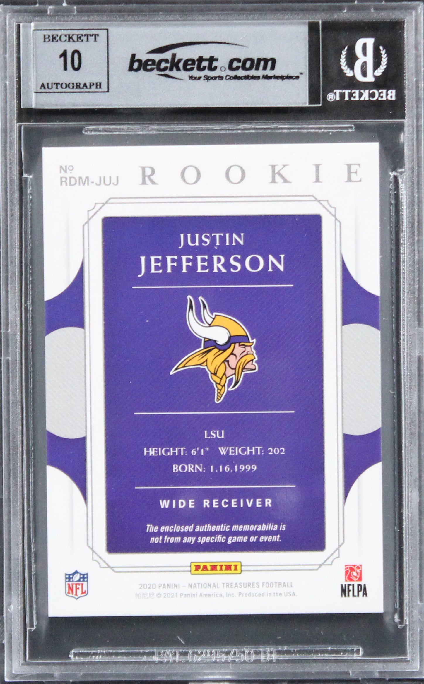 Vikings Justin Jefferson Signed 2020 Natl Treasure #26 74/99 RC Auto 10 BAS Slab