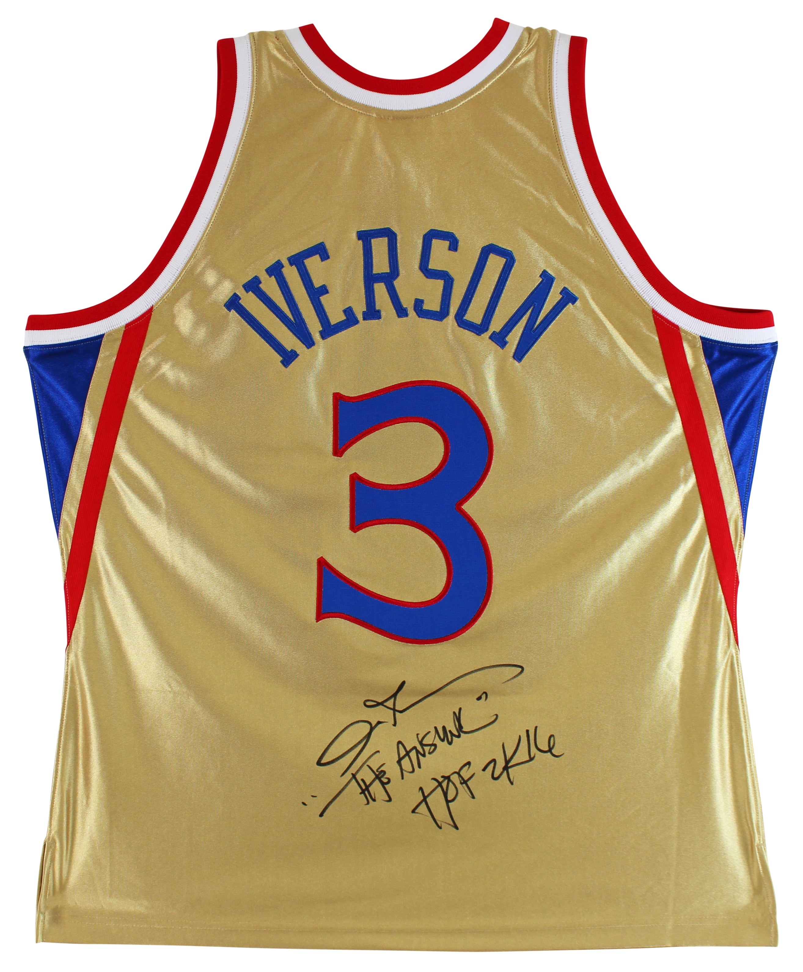 76ers Allen Iverson "2x Insc" Signed Gold M&N 75th Anniversary Jersey BAS Wit