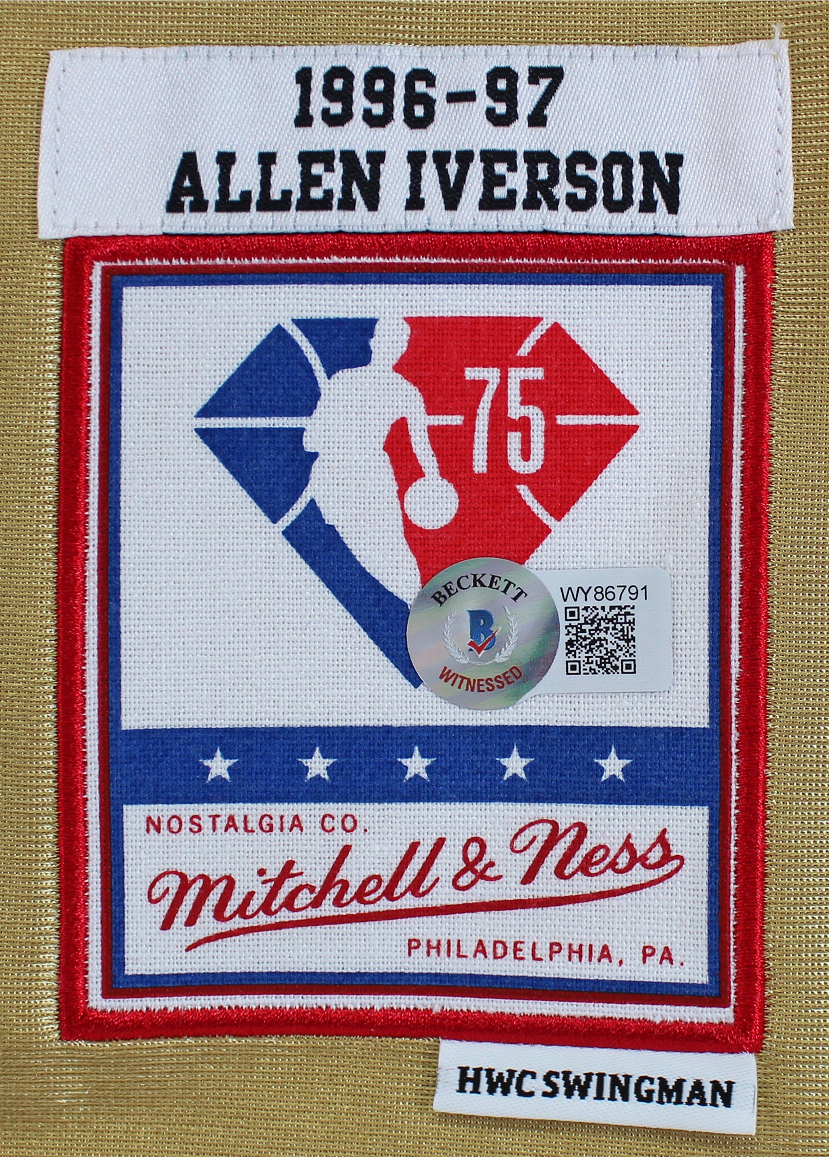 76ers Allen Iverson "2x Insc" Signed Gold M&N 75th Anniversary Jersey BAS Wit