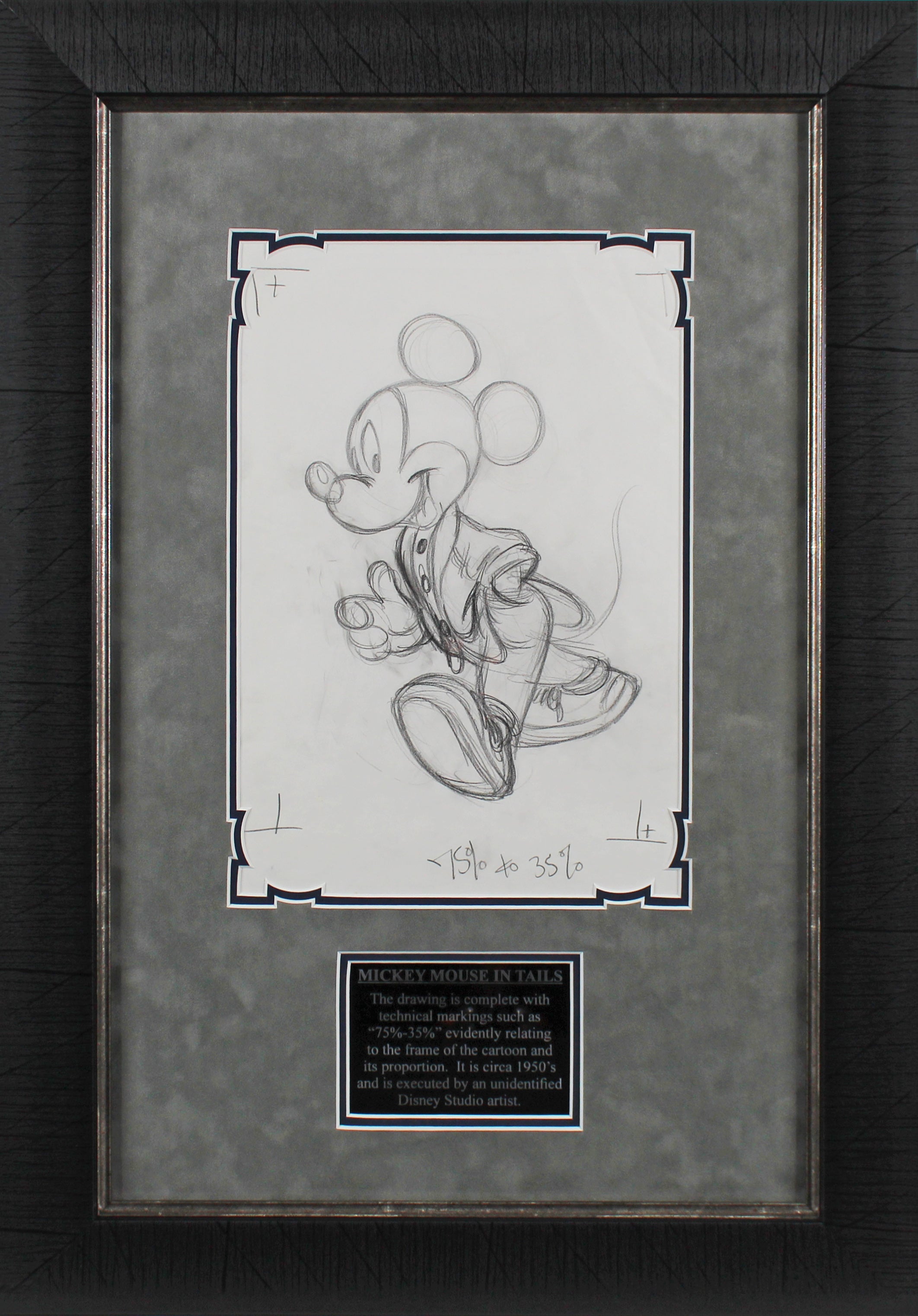 Framed Disney Mickey Mouse Cartoon 8.5x12 Hand Drawn Sketch Circa 1950s