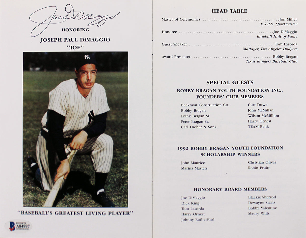 Yankees Joe DiMaggio Signed Bobby Bragan Youth Foundation Program BAS #A84997