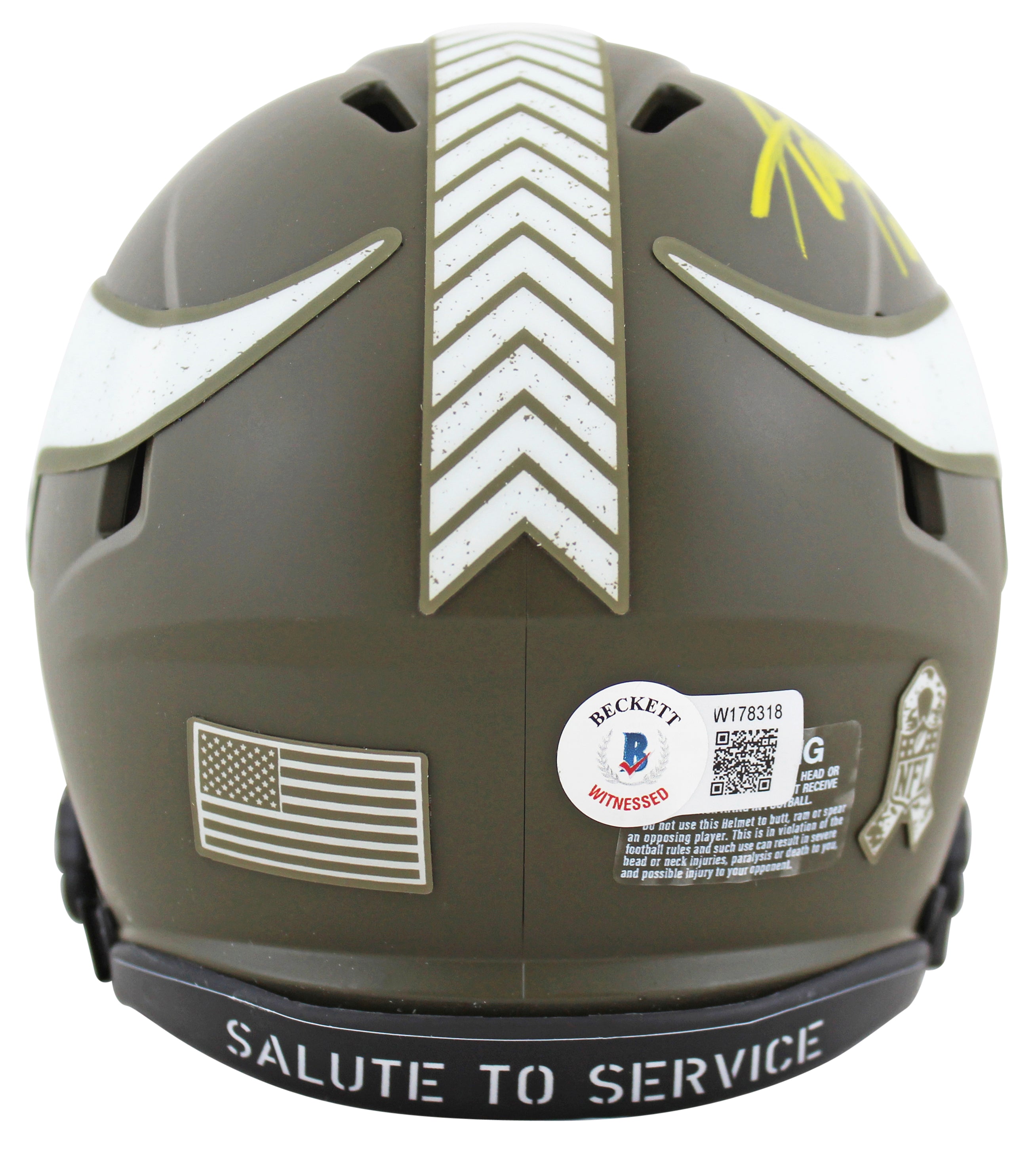 Vikings Adrian Peterson Signed Salute To Service Speed Mini Helmet BAS Witnessed