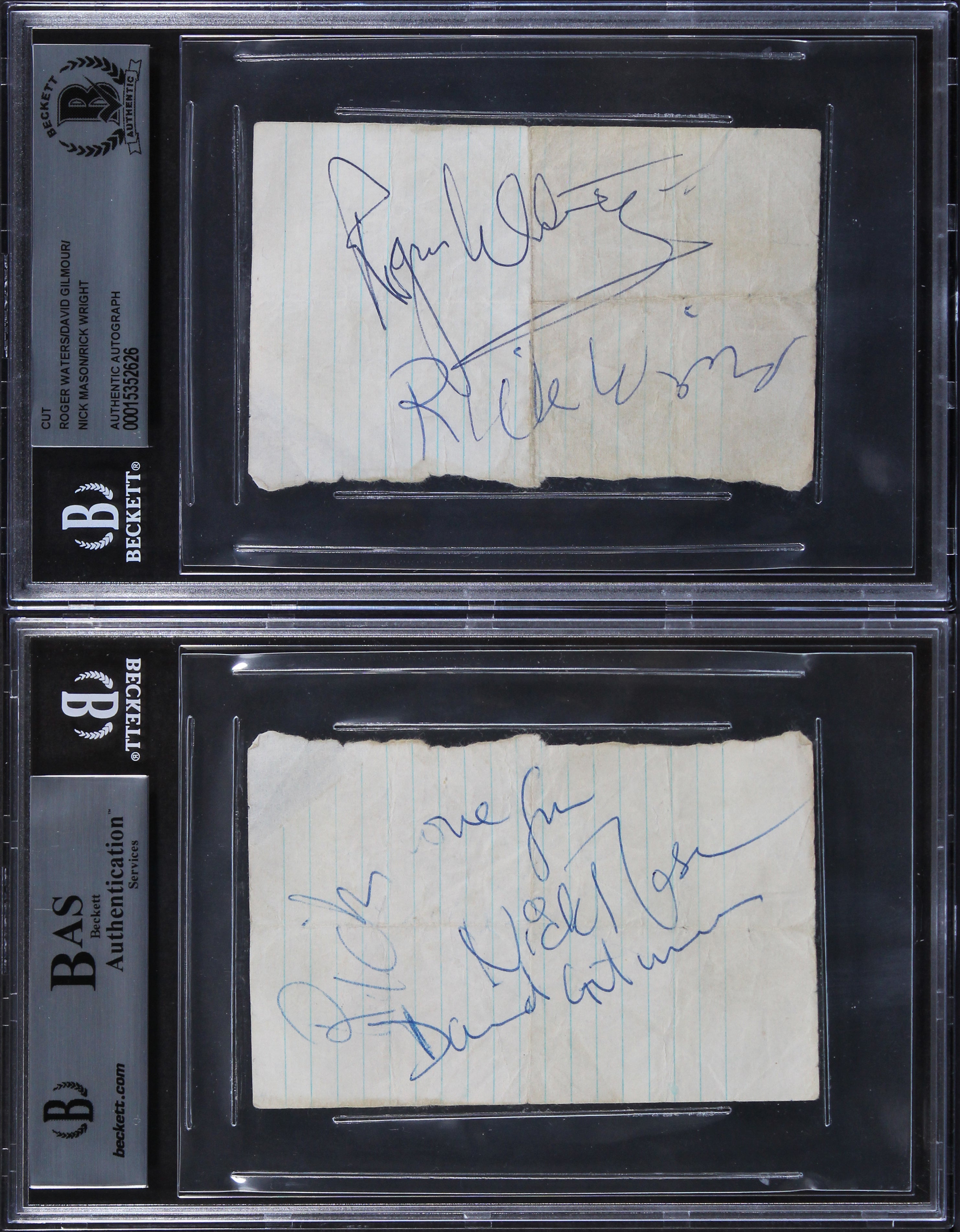 Pink Floyd (5) Gilmour,  Waters, Wright, Mason Signed 2.75x4.25 Cut Sig BAS Slab