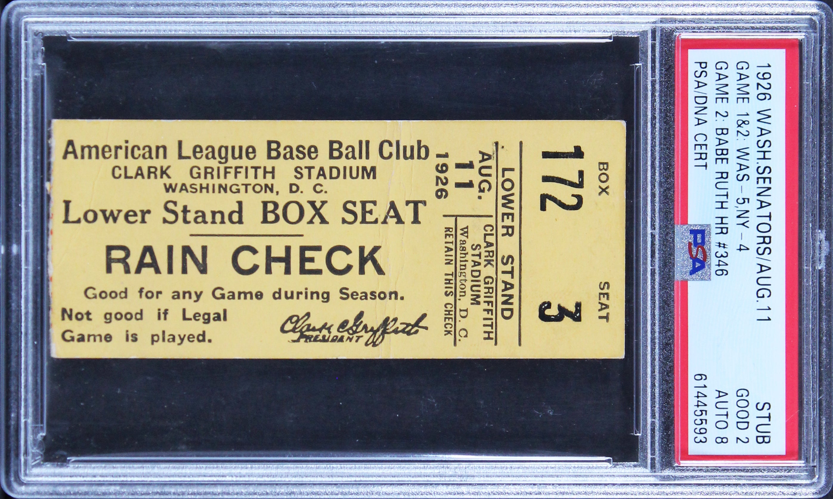 Yankees Babe Ruth Signed 9/11/1926 Ticket Stub Ticket Grade 2 Auto 8 PSA Slabbed