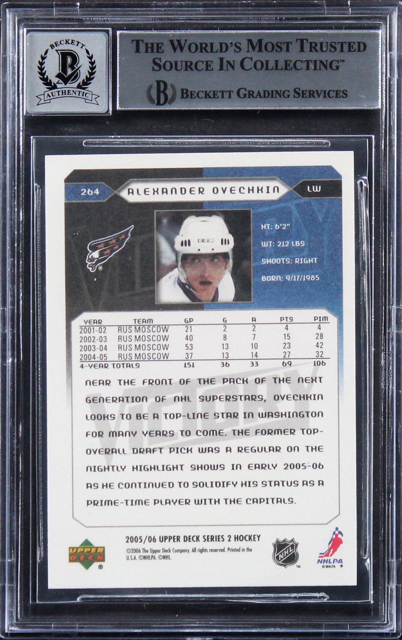 Alex Ovechkin Signed 2005 Upper Deck Victory #264 RC Card Auto 10! BAS Slabbed