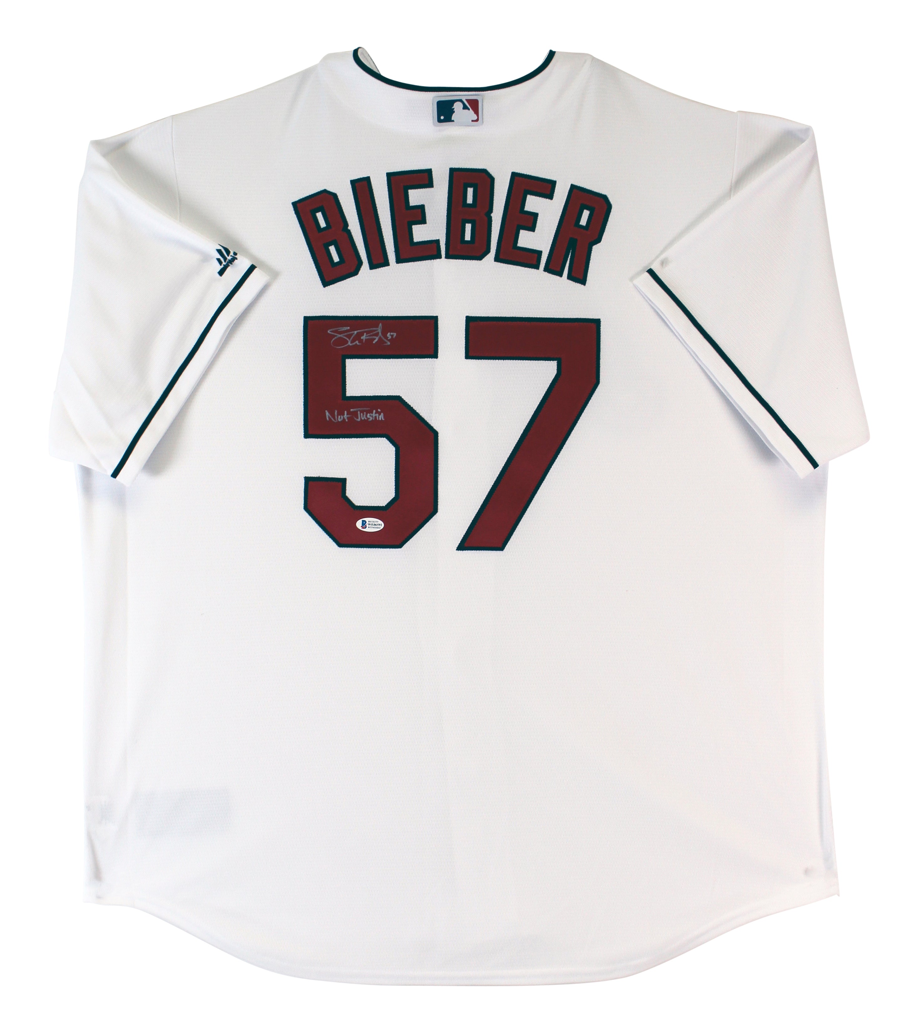 Indians Shane Bieber "Not Justin" Signed White Majestic Cool Base Jersey BAS Wit