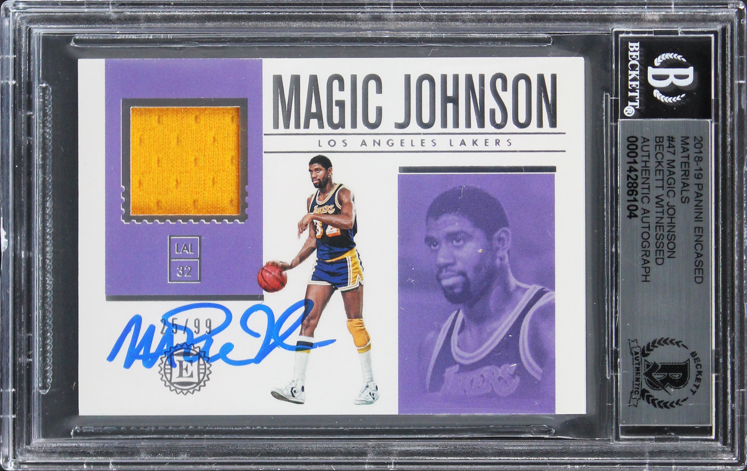 Magic Johnson Signed 2018 Panini Encased Mat #47 #25/99 Card Auto 10 BAS Slabbed