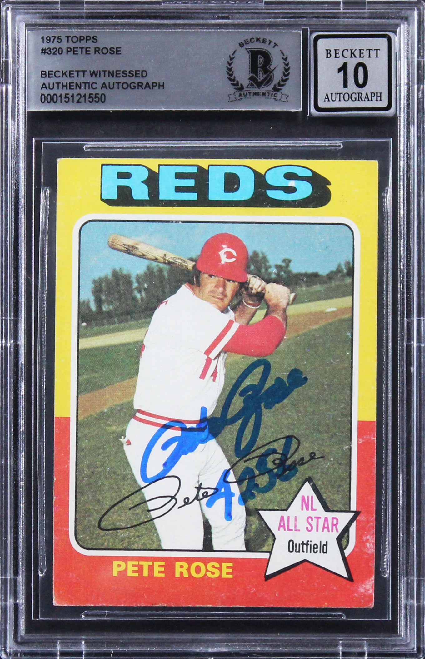 Reds Pete Rose 4256 Authentic Signed 1975 Topps #320 Card Auto 10! BAS Slabbed