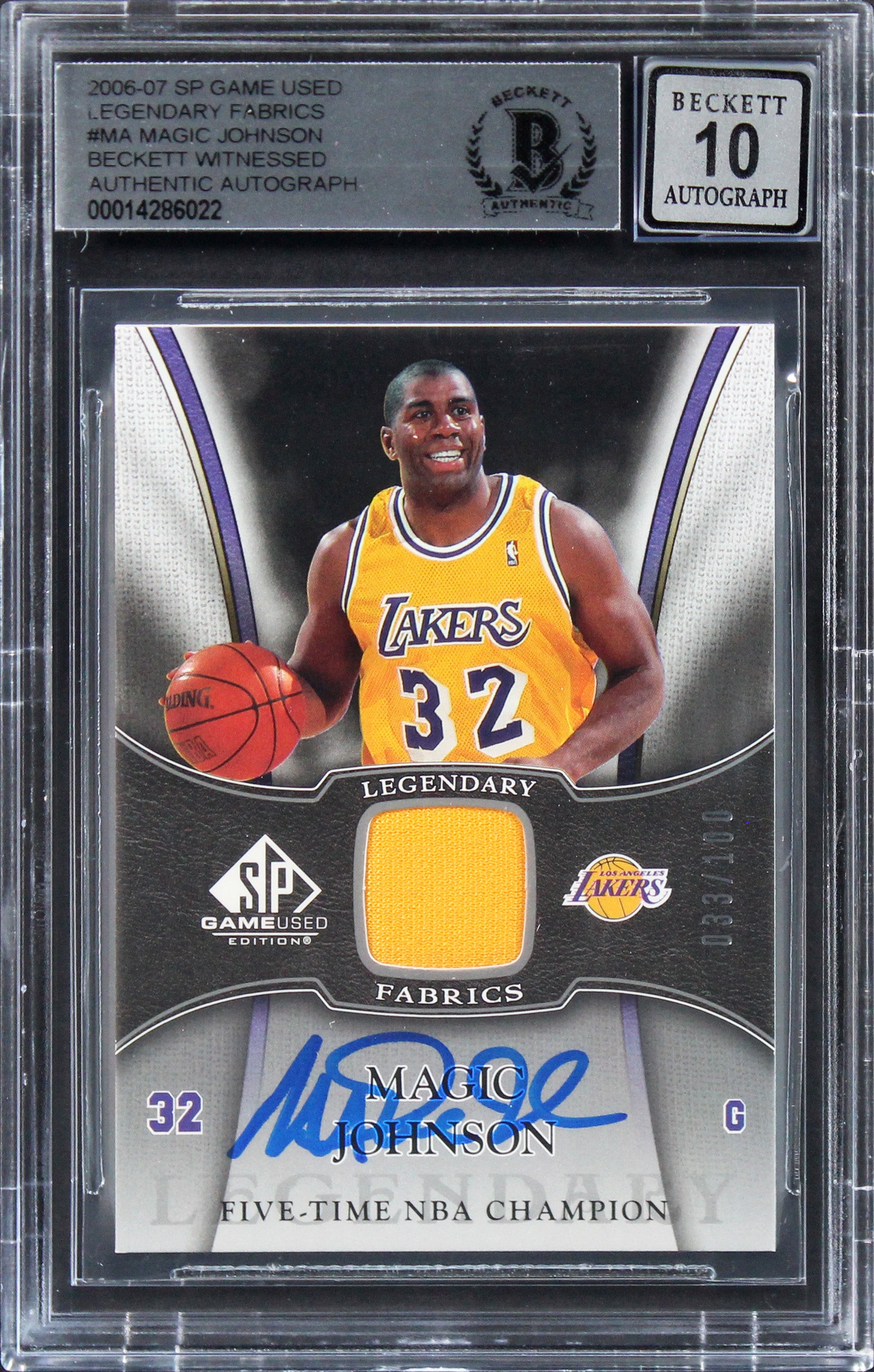 Magic Johnson Signed 2006 SP Game Used Fabrics #MA 33/100 Card Auto 10! BAS Slab