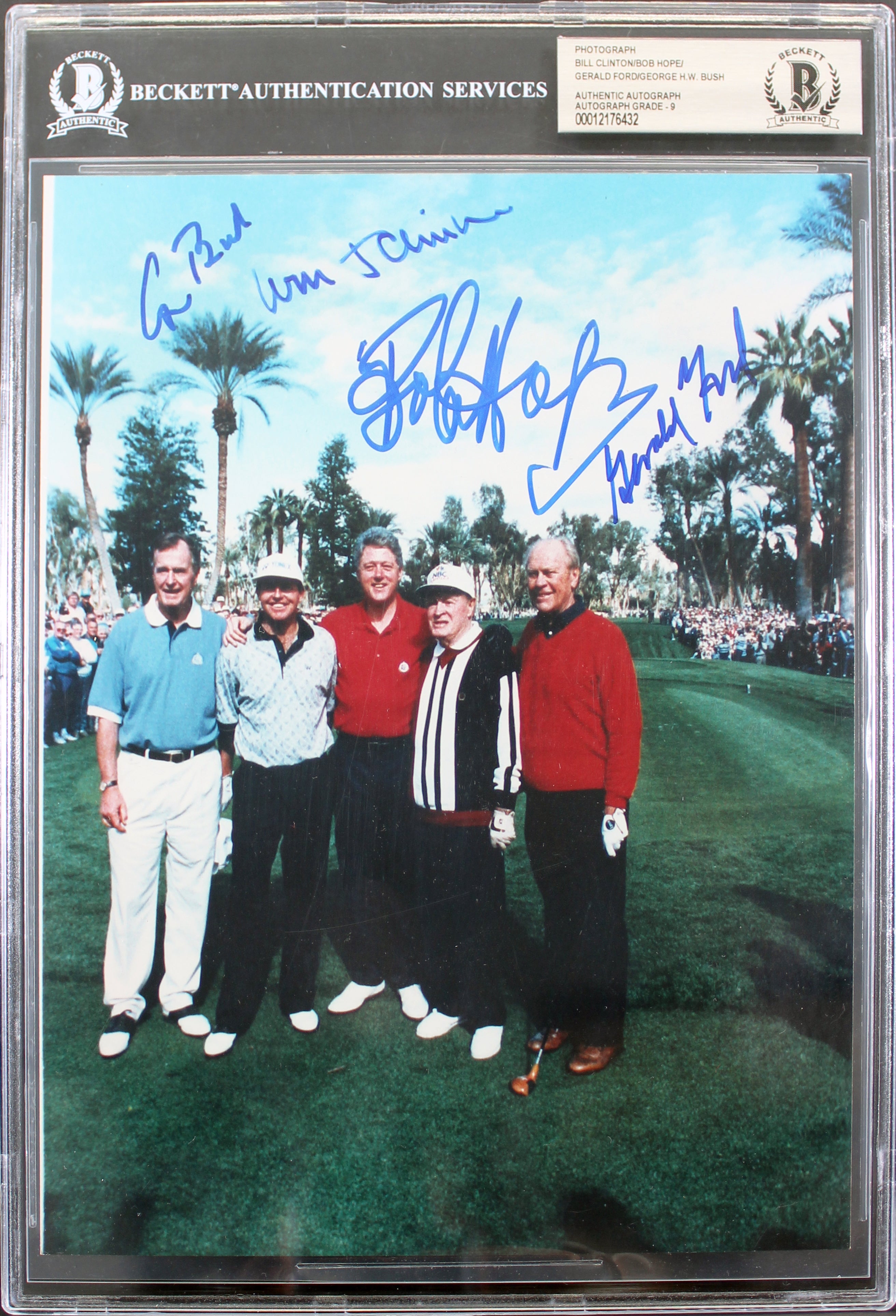 (4) Clinton, Bush, Ford & Bob Hope Signed 8x10 Photo Autos Graded 9! BAS Slabbed