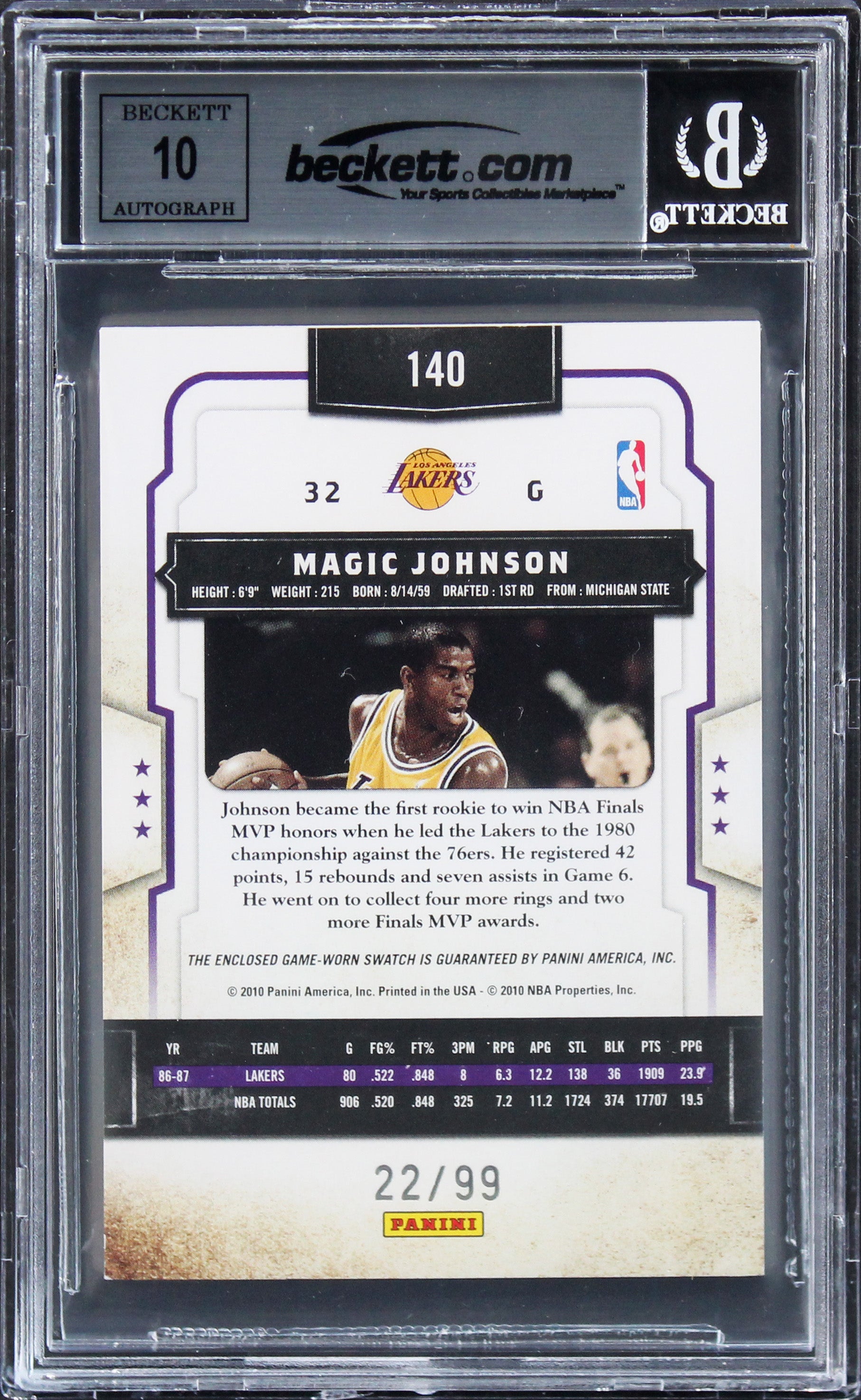 Magic Johnson Signed 2009 Classics Timeless Threads #140 Card Auto 10! BAS Slab