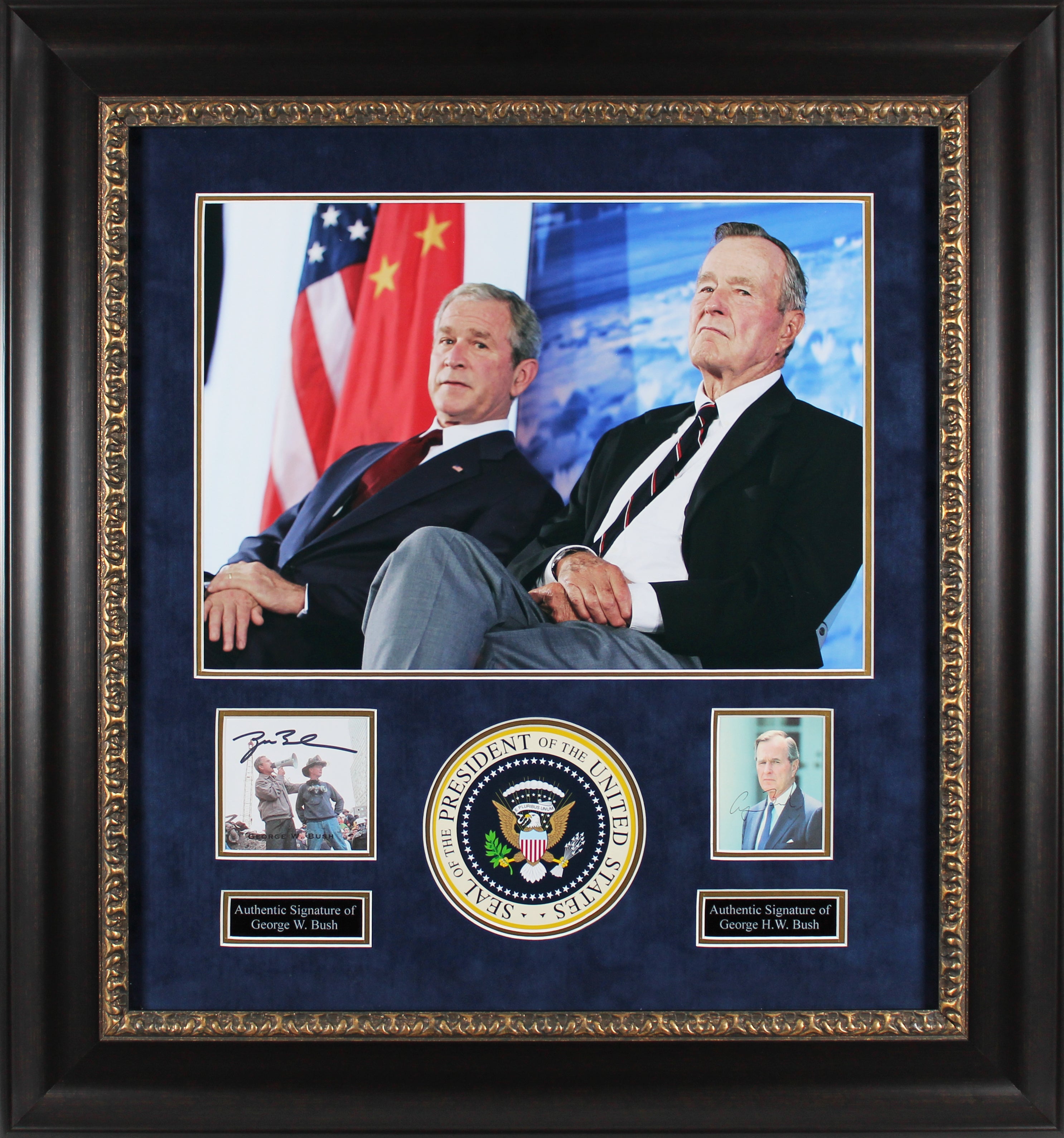George H.W. Bush & George W. Bush Signed Cut Sig Framed Display BAS #AB76231