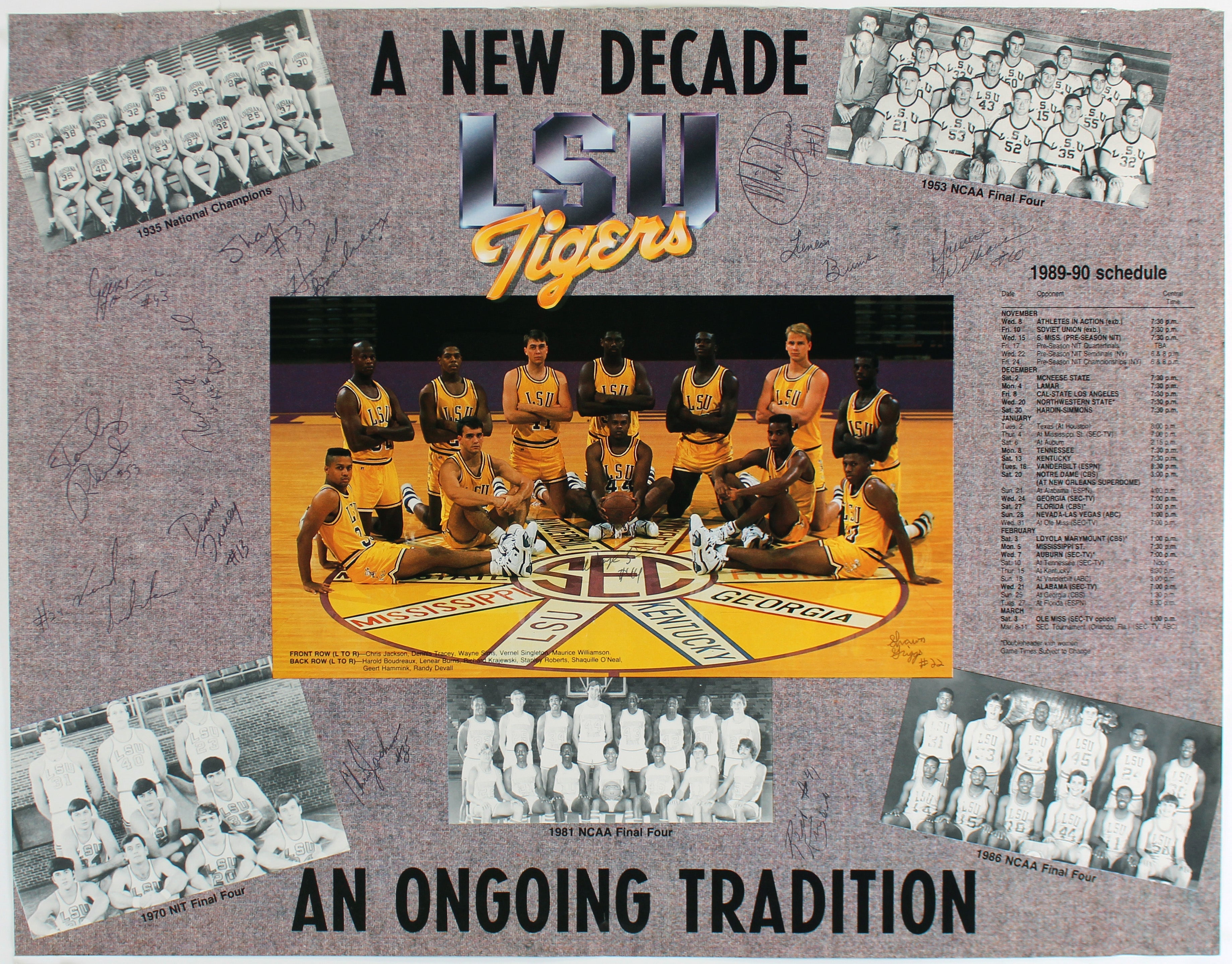 1989-90 LSU (14) Shaquille O’Neal, Jackson +12 Signed 18x23 Poster BAS #AA03698