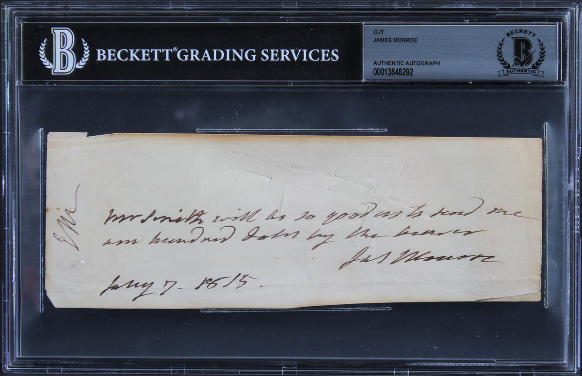 James Monroe Authentic Signed 2.65x7.75 Handwritten 1815 Receipt BAS Slabbed